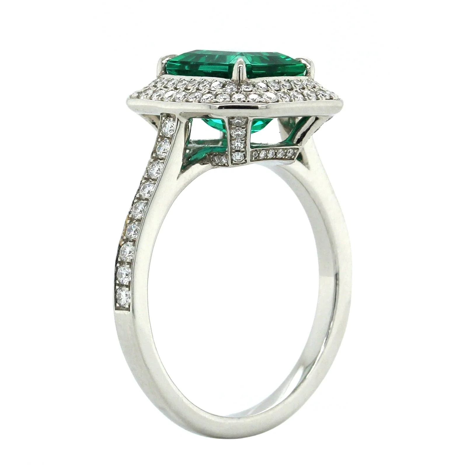 Platinum Emerald Double Halo Diamond Ring - Image 2