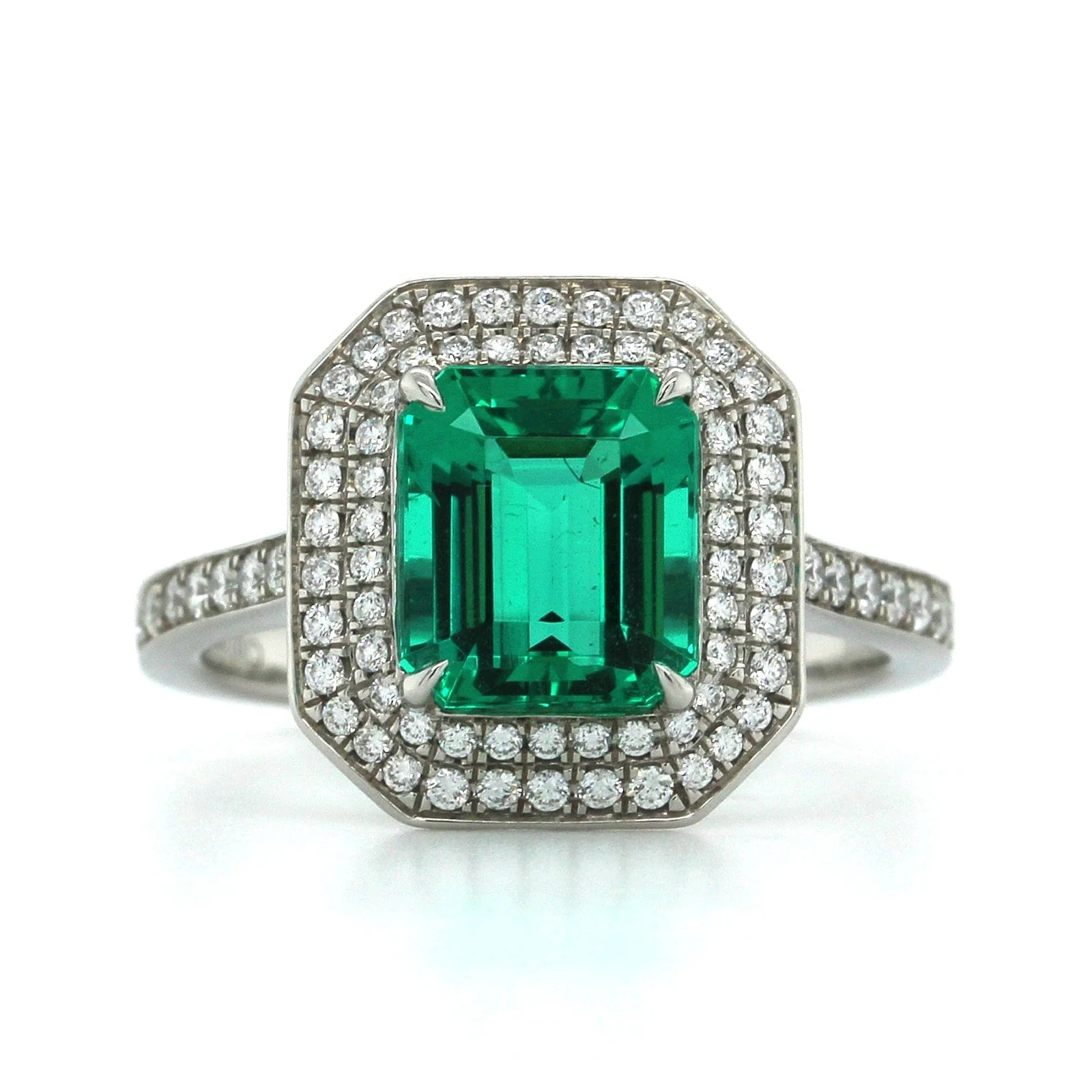 Platinum Emerald Double Halo Diamond Ring - Image 4
