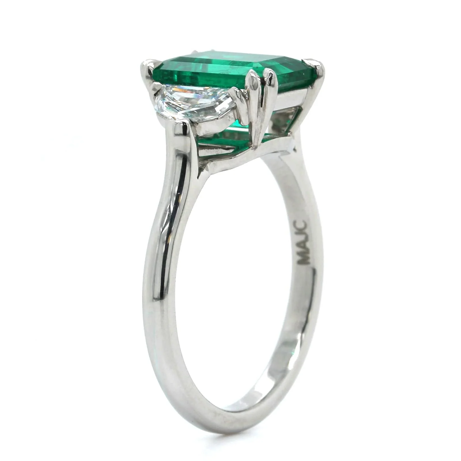 Platinum Emerald and Diamond 3 Stone Ring - Image 2