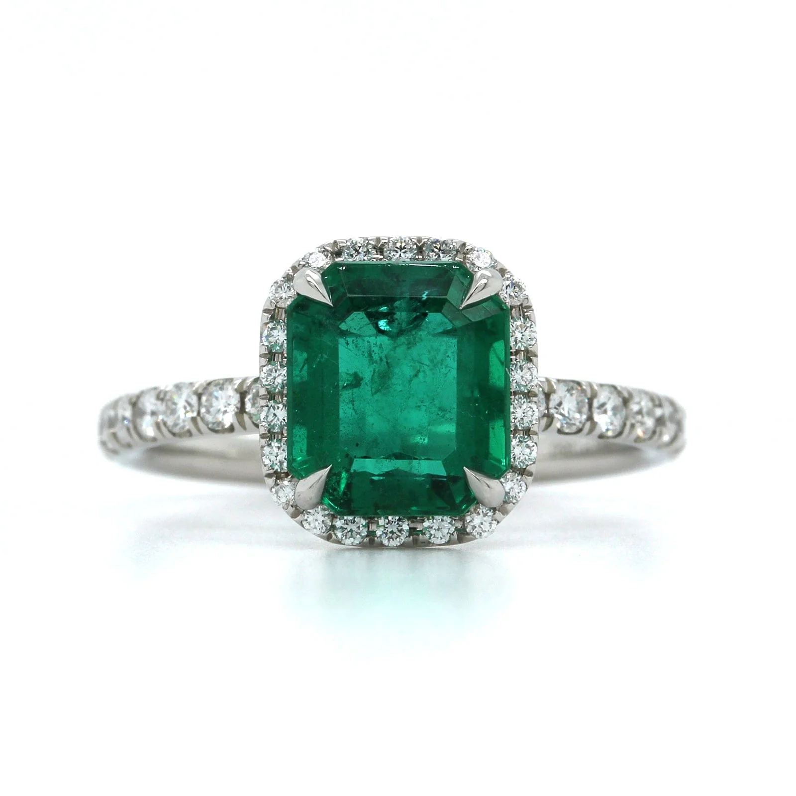 Platinum Emerald Diamond Halo Ring - Image 4
