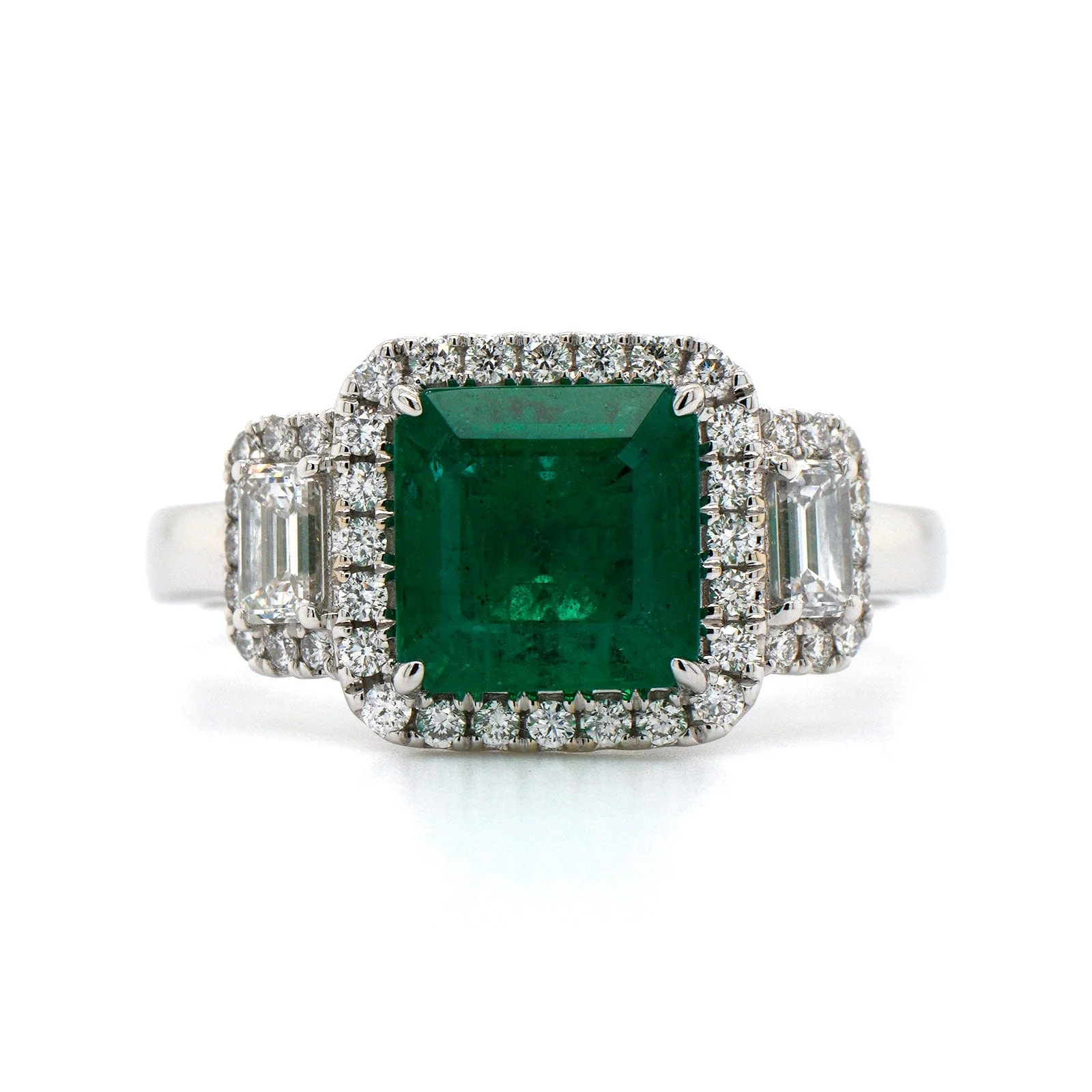 18K White Gold Emerald and Diamond Halo Ring