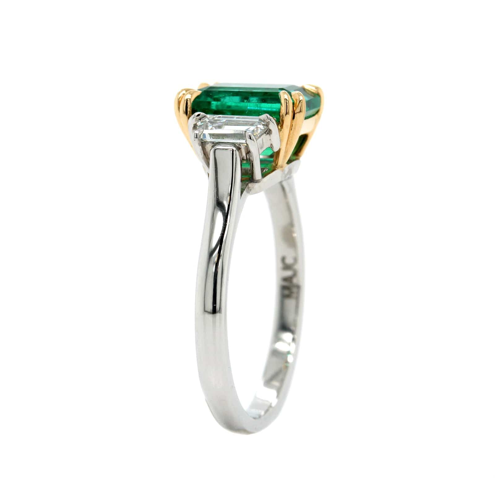 Platinum 3 Stone Emerald and Diamond Ring - Image 2
