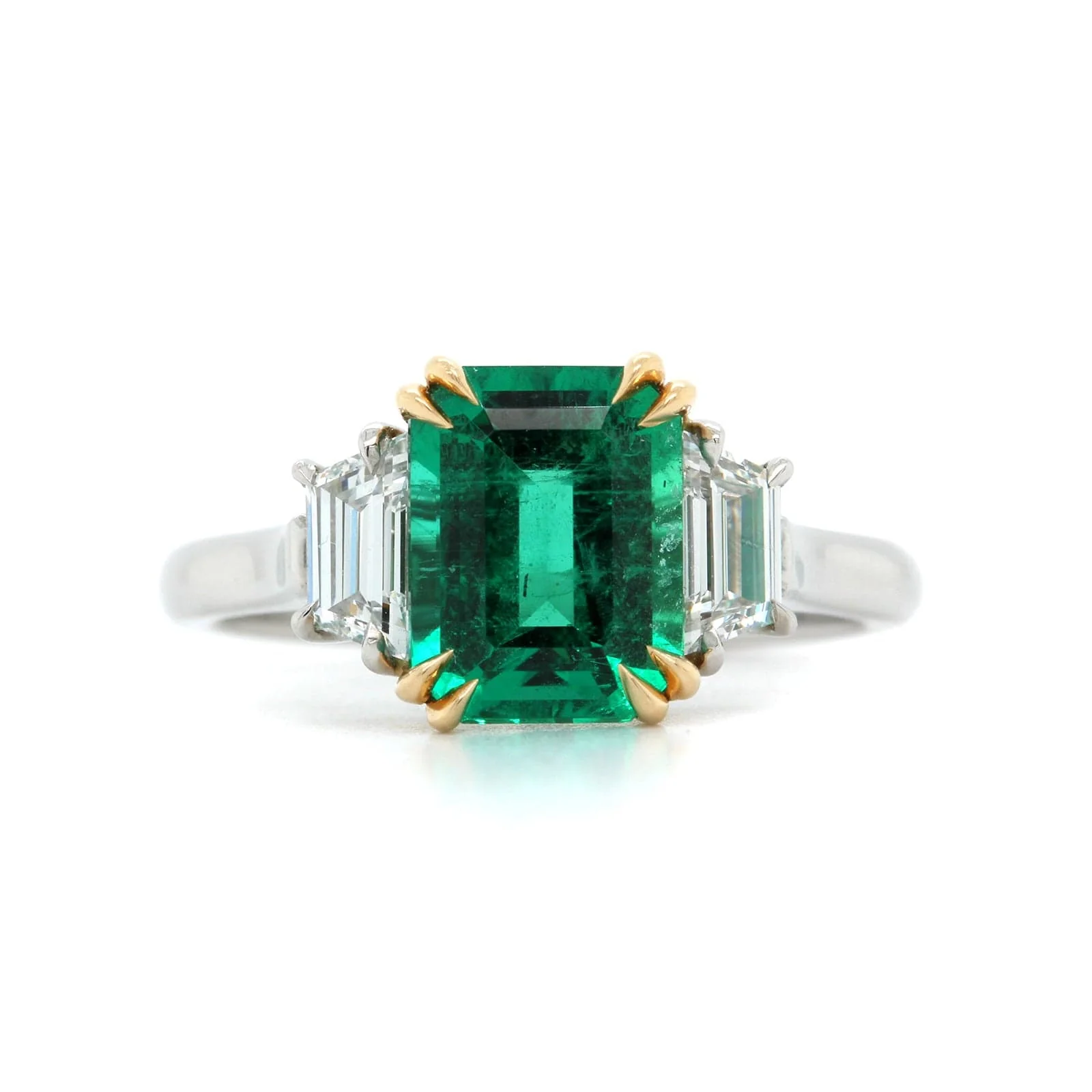 Platinum 3 Stone Emerald and Diamond Ring - Image 5
