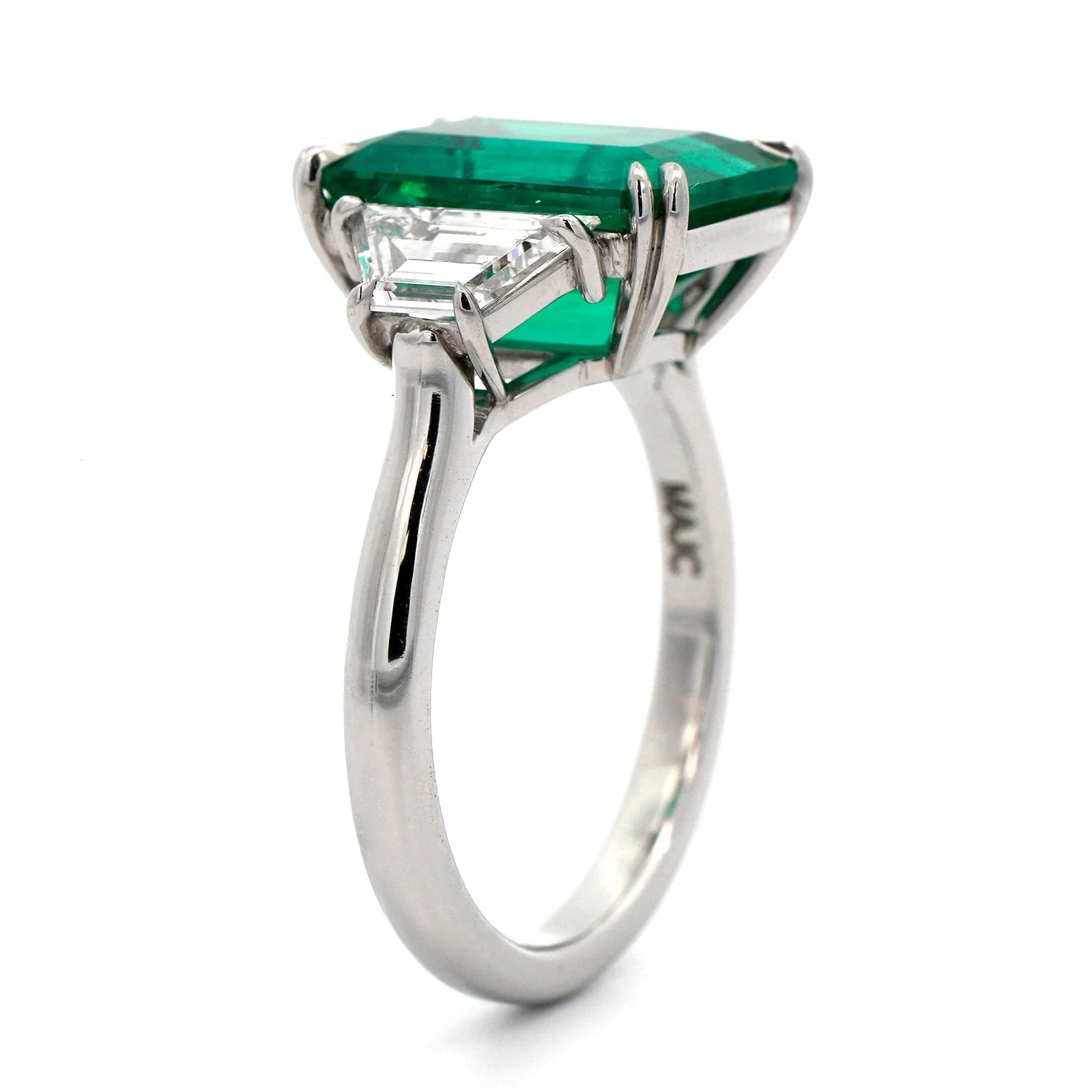 Platinum 3 Stone Emerald and Diamond Ring - Image 2