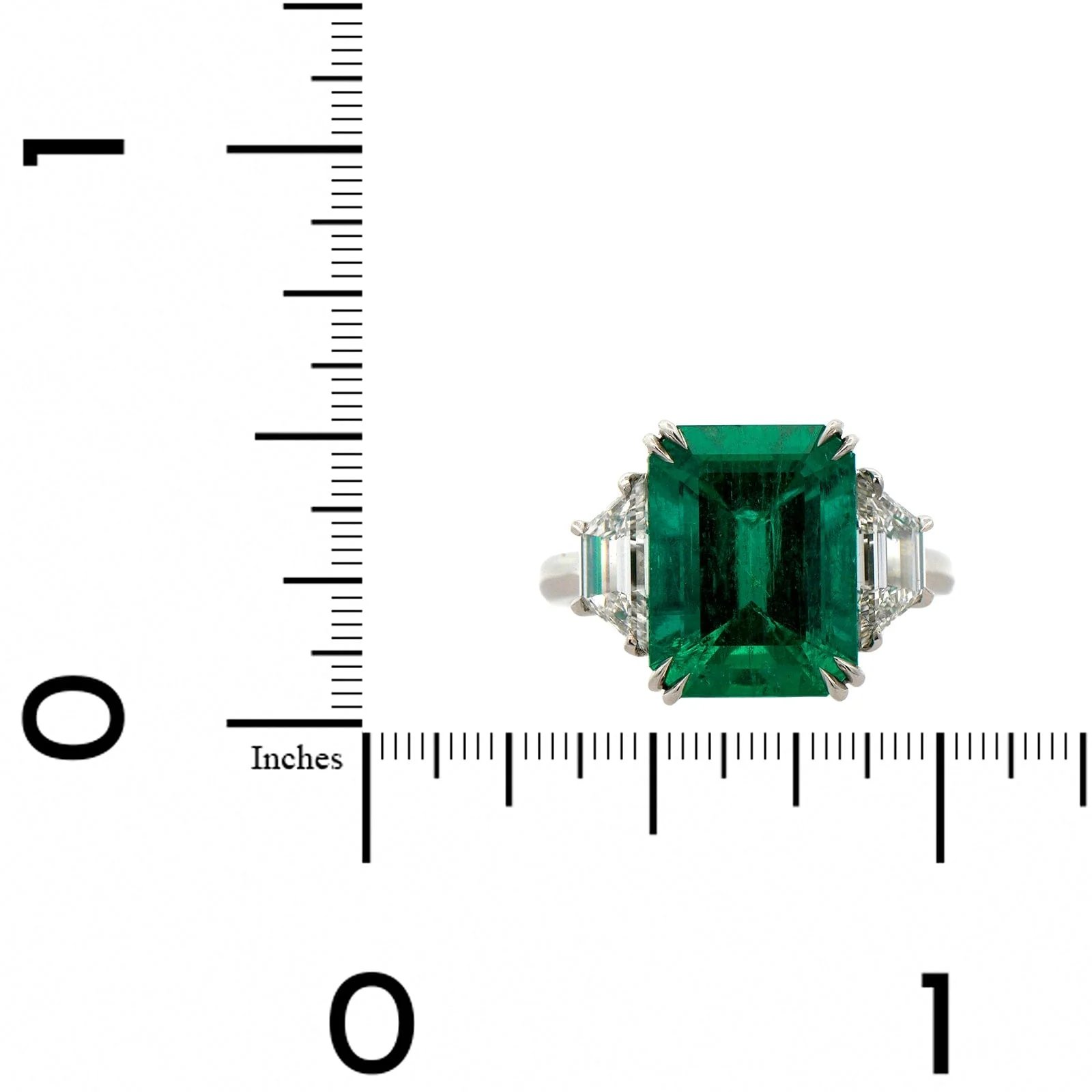 Platinum 3 Stone Emerald and Diamond Ring - Image 3