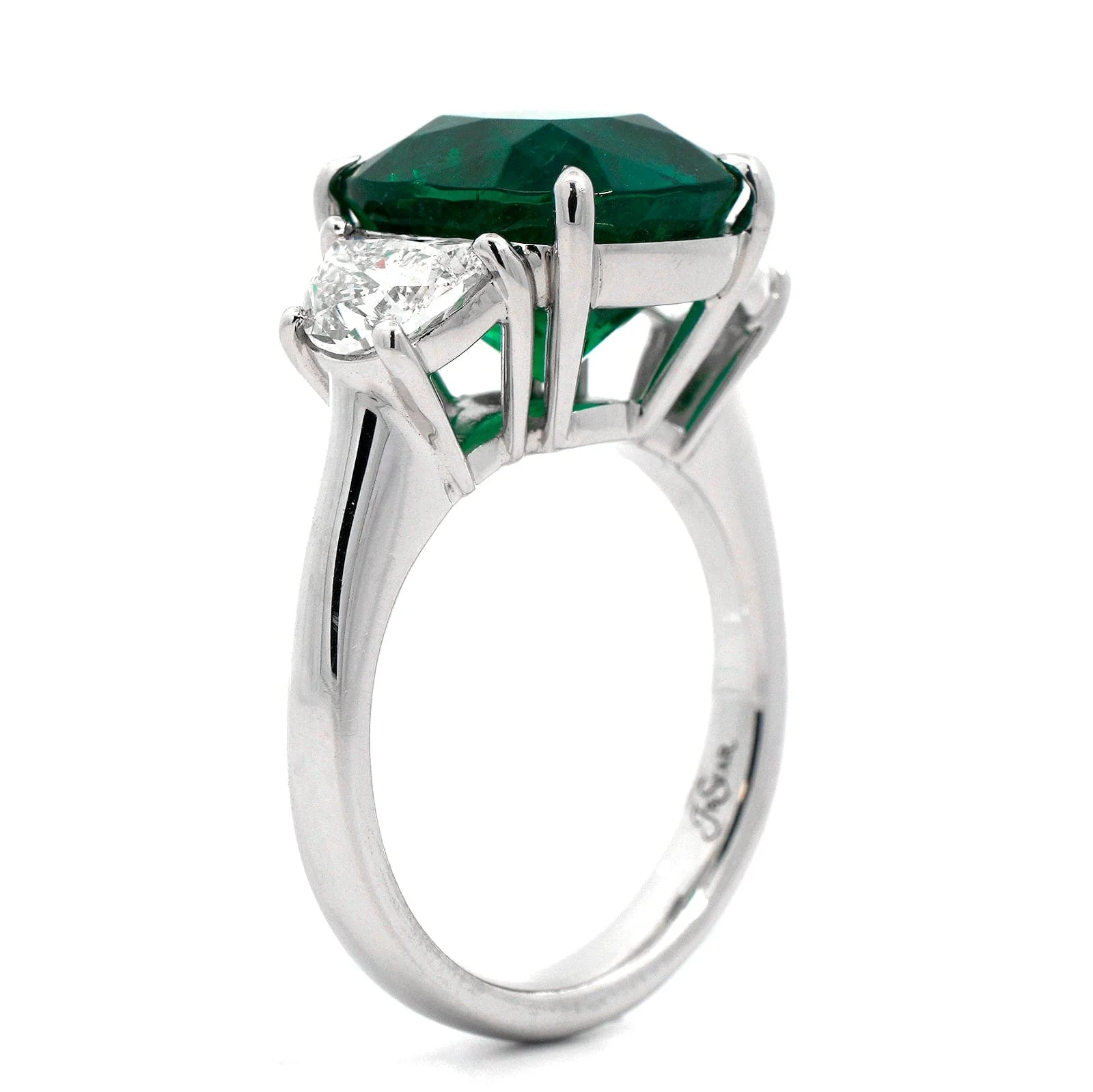 Platinum 3 Stone Cushion Cut Emerald and Half Moon Diamond Ring - Image 2