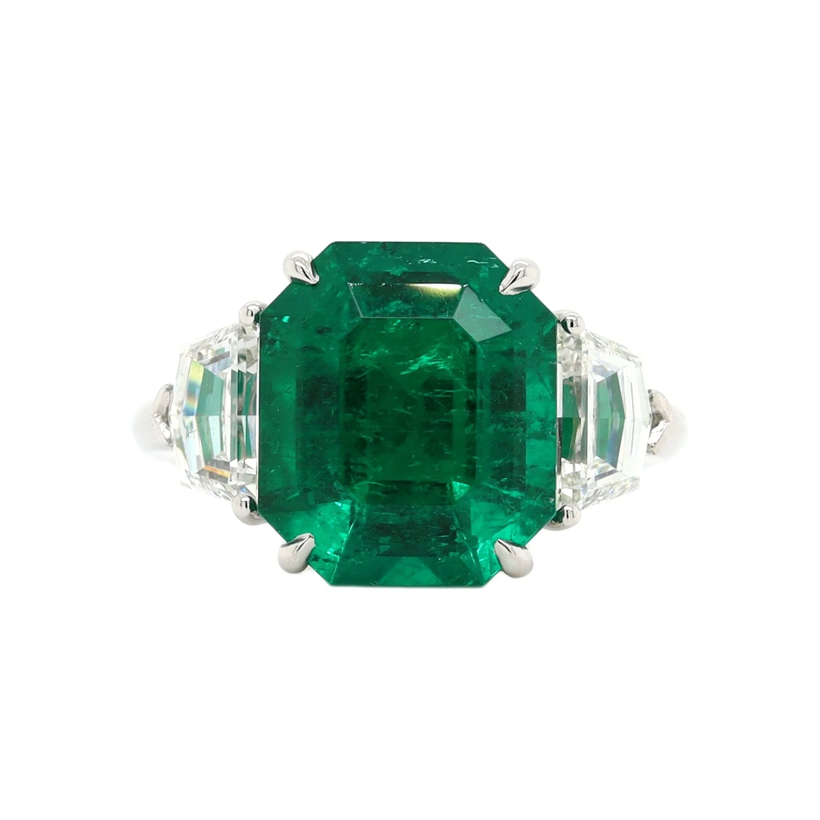 Platinum 3 Stone Emerald and Step Cut Diamond Ring