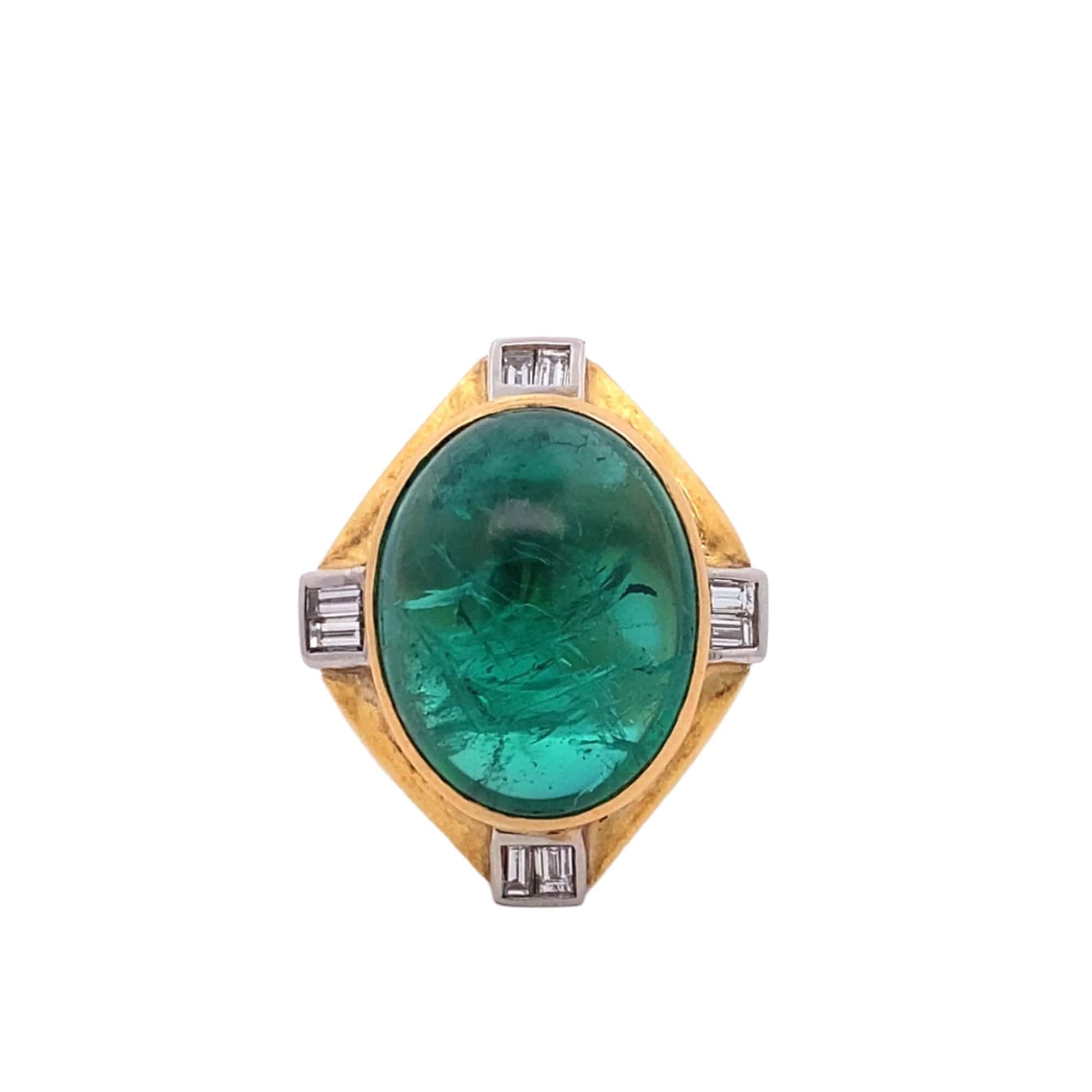 18K Yellow Gold and Platinum Cabochon Emerald and Diamond Ring