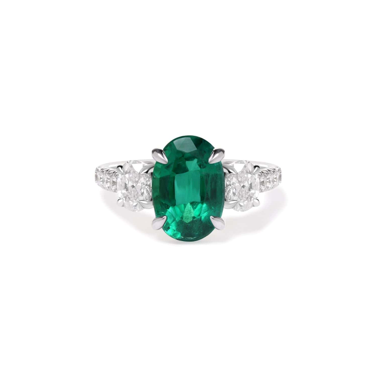 18K White Gold Oval Emerald and Diamond Three Stone Ring
