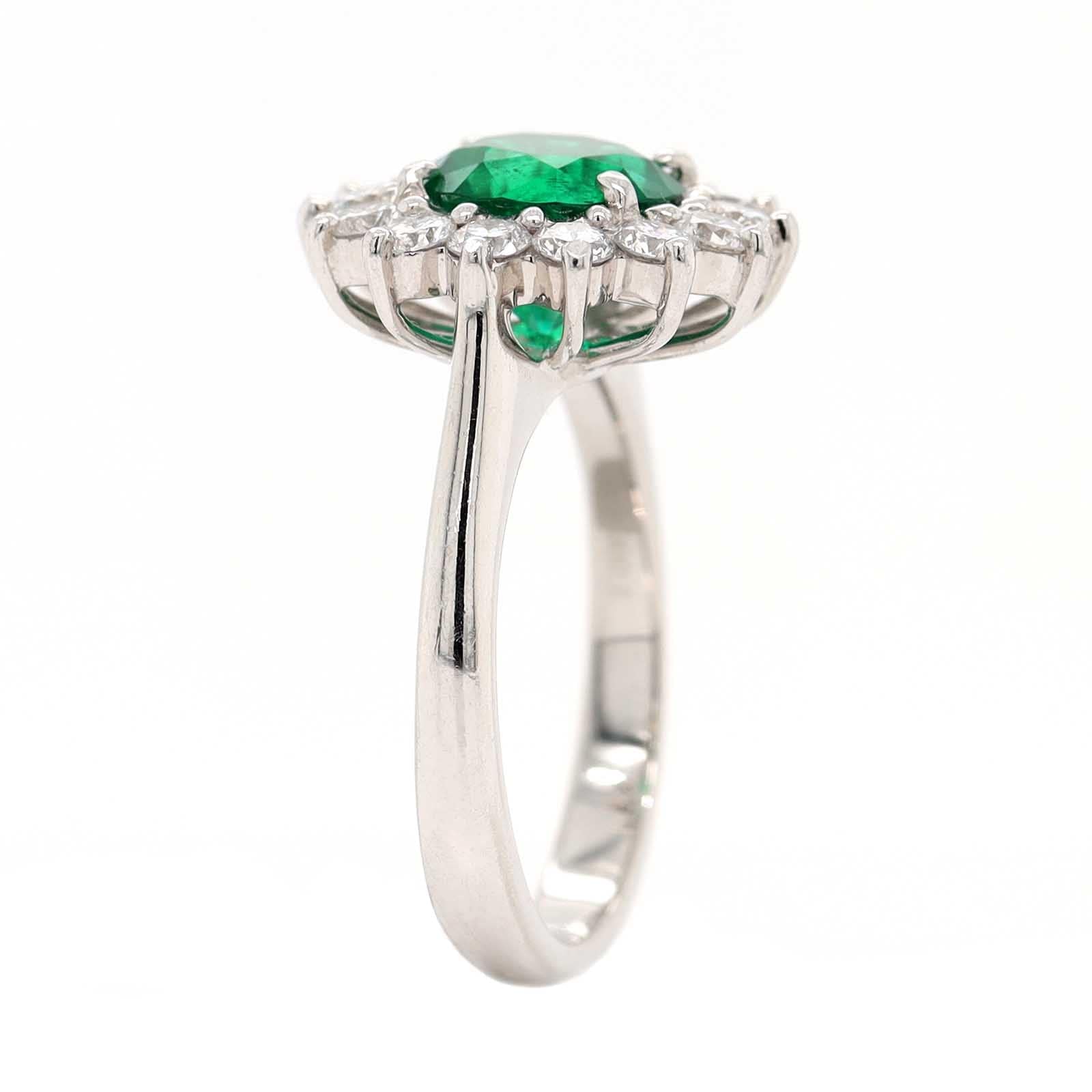 Platinum Round Emerald and Diamond Halo Ring - Image 2