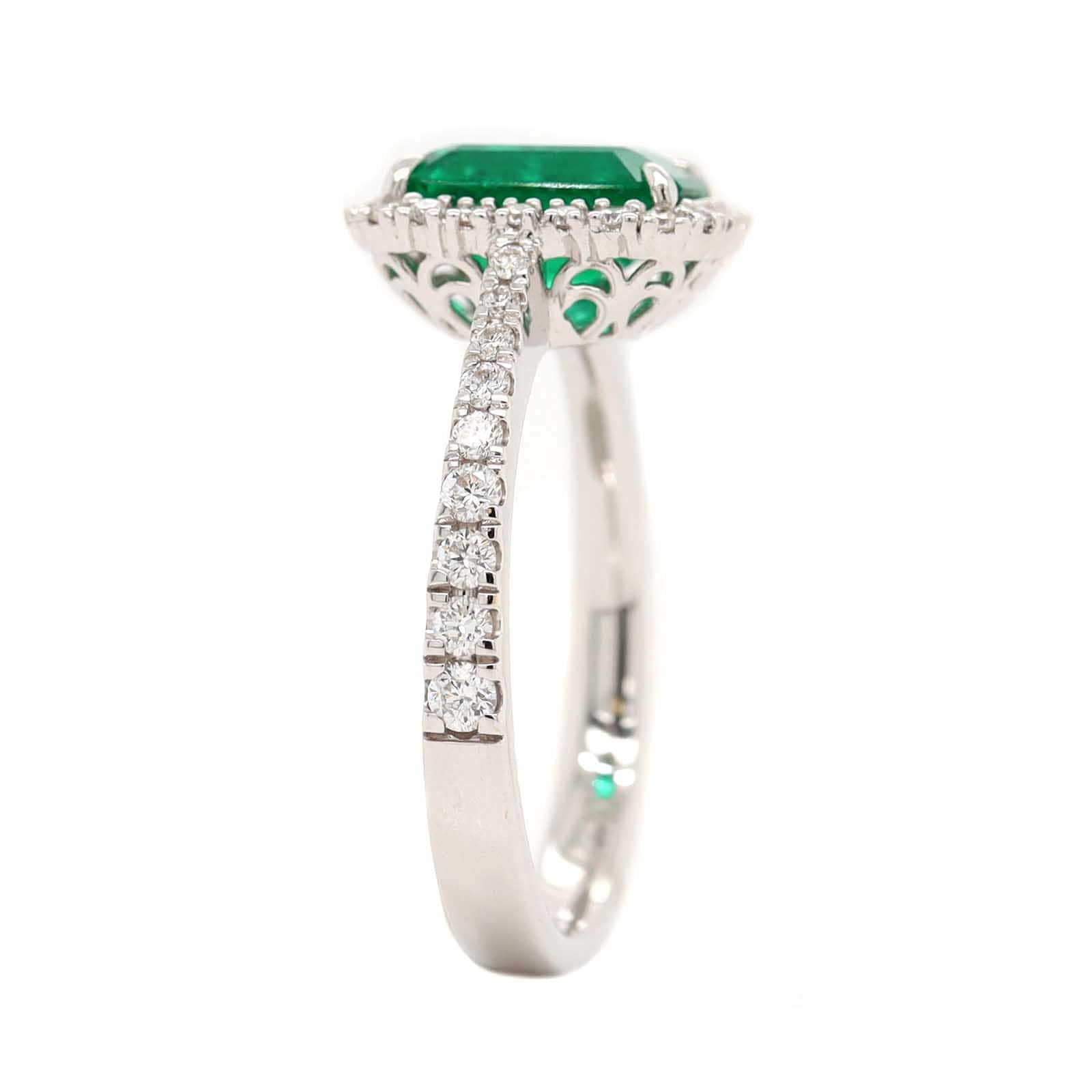 14K White Gold Emerald Cut Emerald and Diamond Halo Ring - Image 2