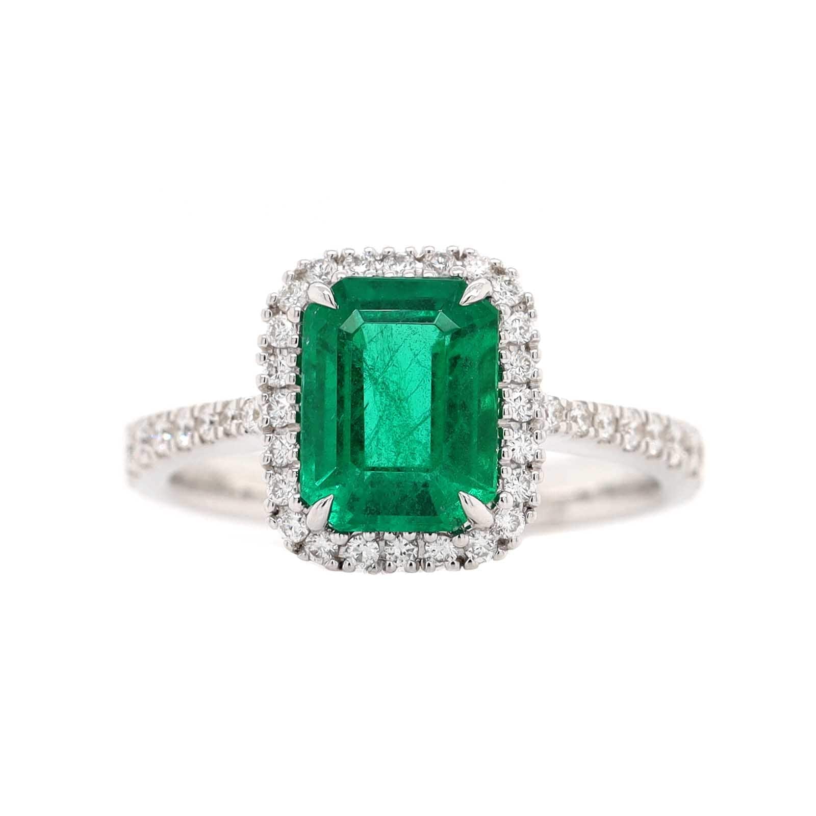 14K White Gold Emerald Cut Emerald and Diamond Halo Ring - Image 5