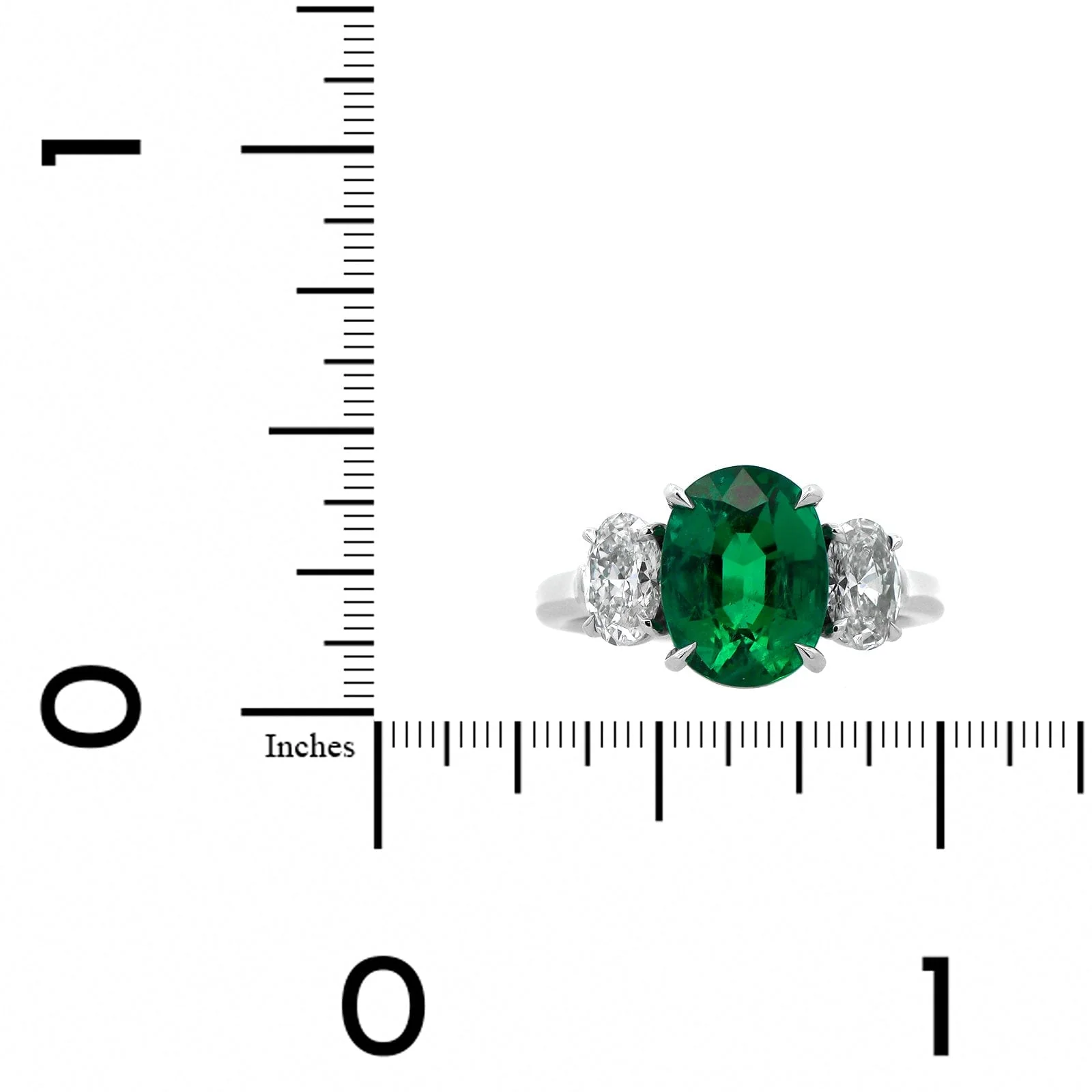 Platinum 3 Stone Oval Emerald and Diamond Ring - Image 3