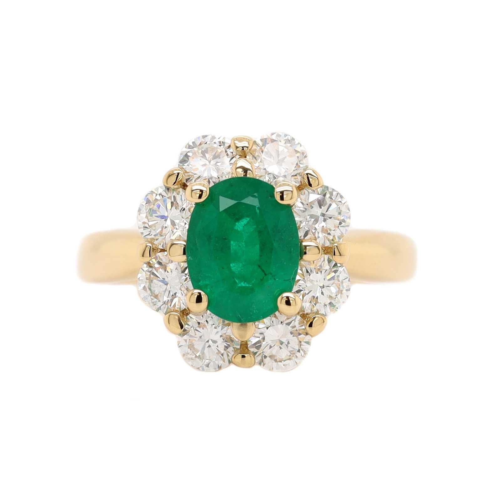 18K Yellow Gold Oval Emerald and Diamond Halo Ring