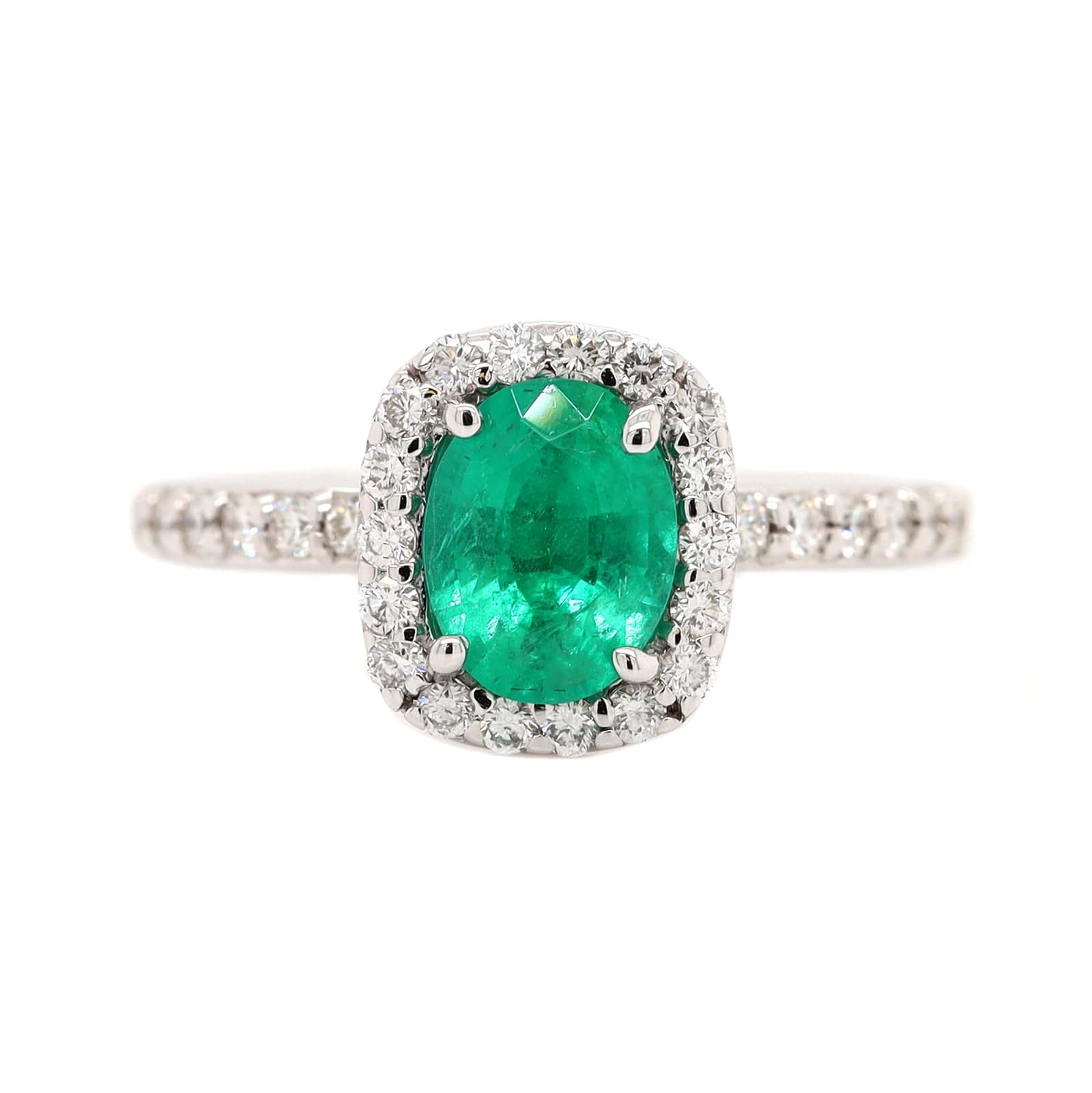 18K White Gold Oval Emerald and Diamond Halo Ring