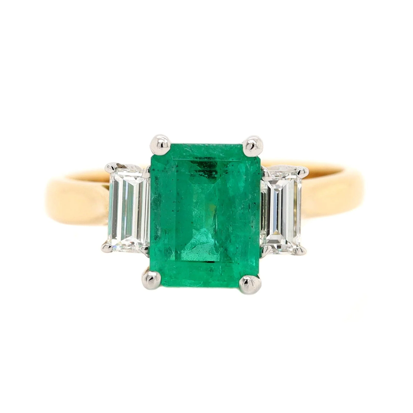 18K Yellow Gold and Platinum 3 Stone Emerald and Diamond Ring
