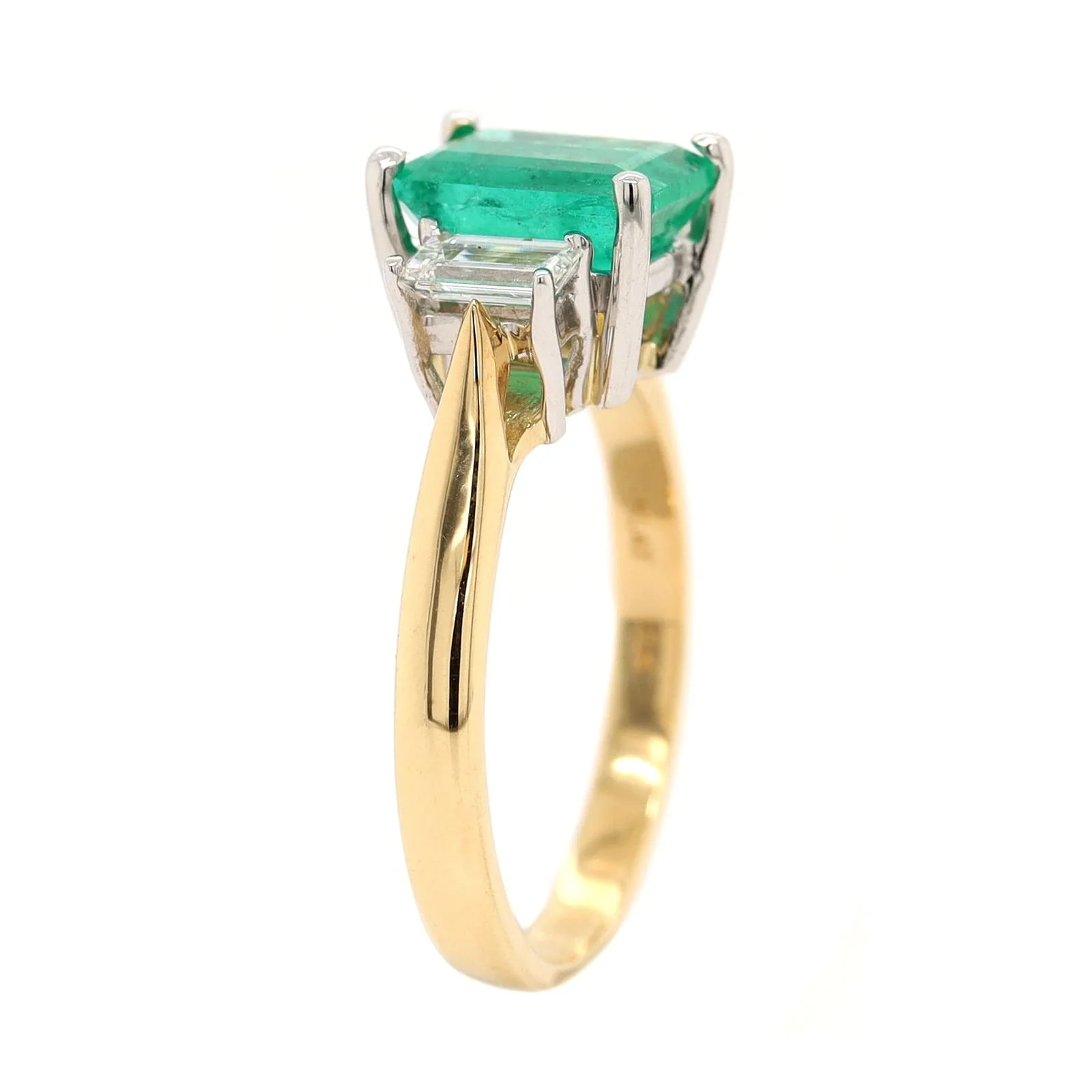18K Yellow Gold and Platinum 3 Stone Emerald and Diamond Ring - Image 2