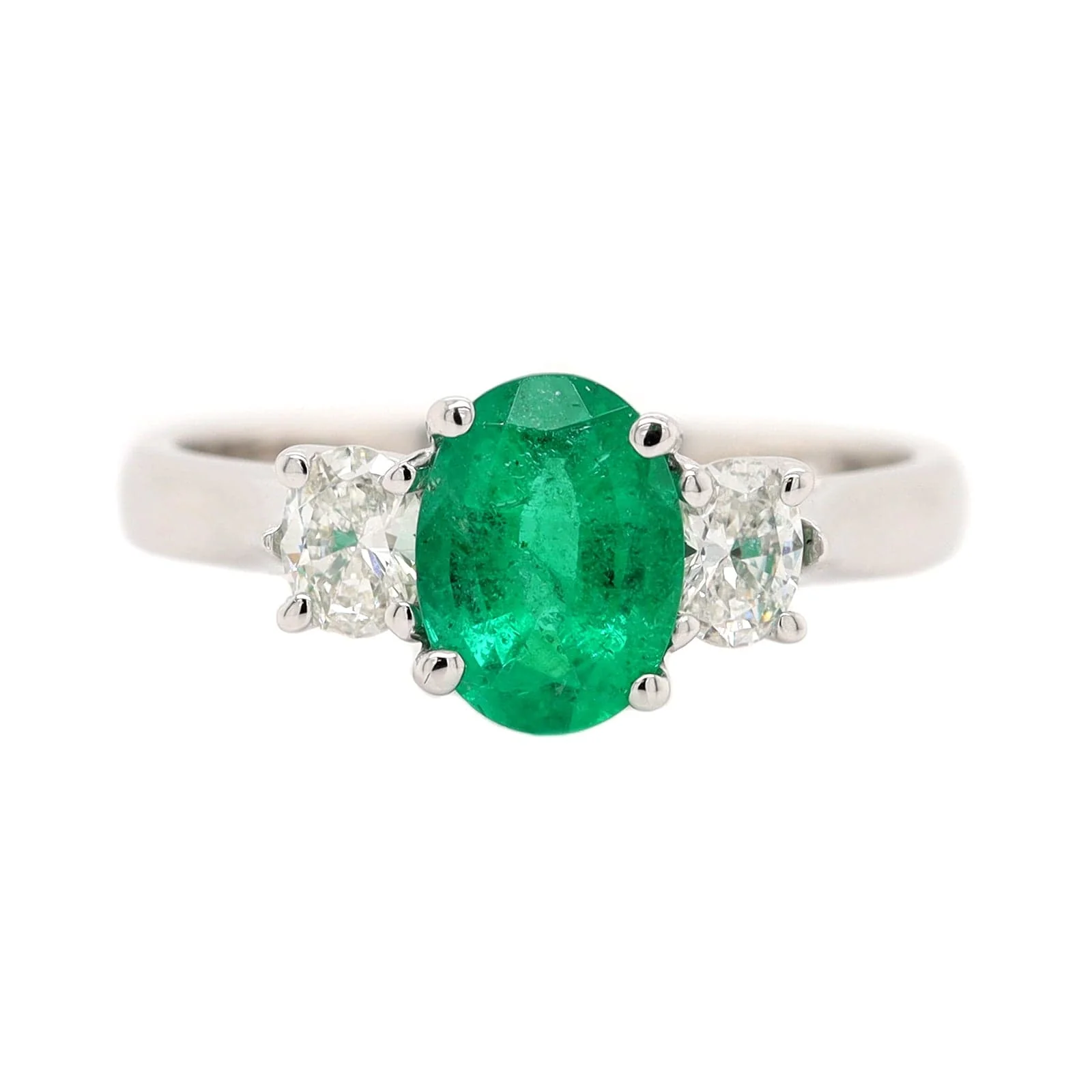 Platinum 3 Stone Oval Emerald and Diamond Ring