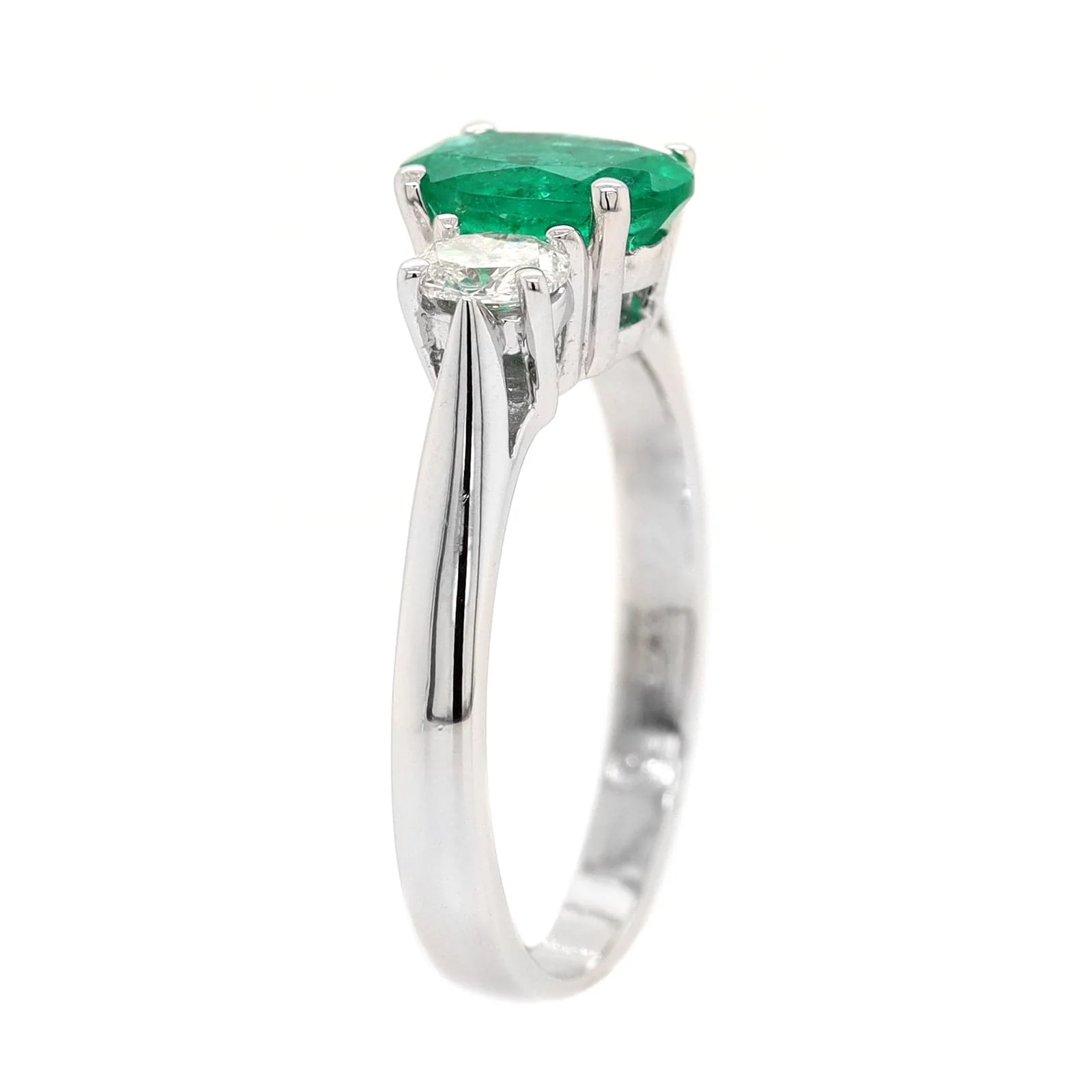 Platinum 3 Stone Oval Emerald and Diamond Ring - Image 2