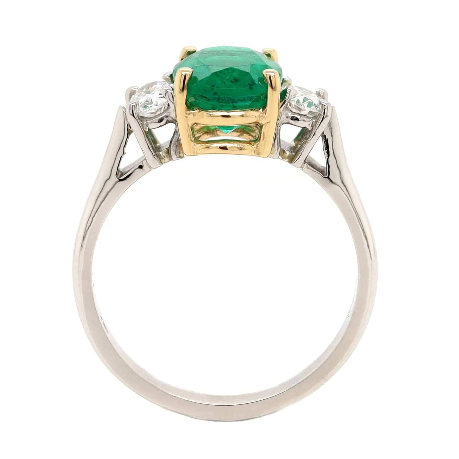 Platinum 3 Stone Oval Emerald and Diamond Ring - Image 3