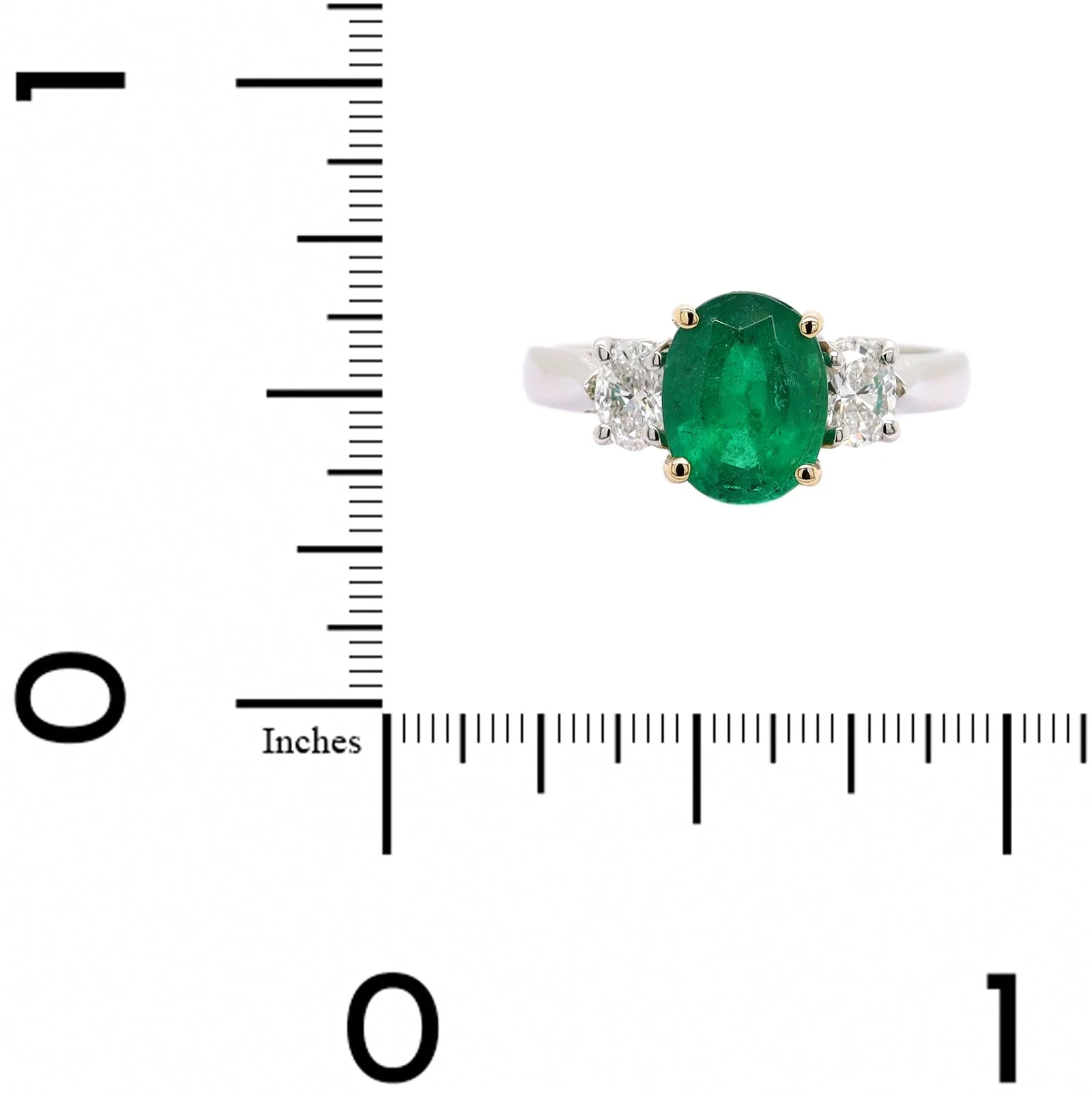 Platinum 3 Stone Oval Emerald and Diamond Ring - Image 4