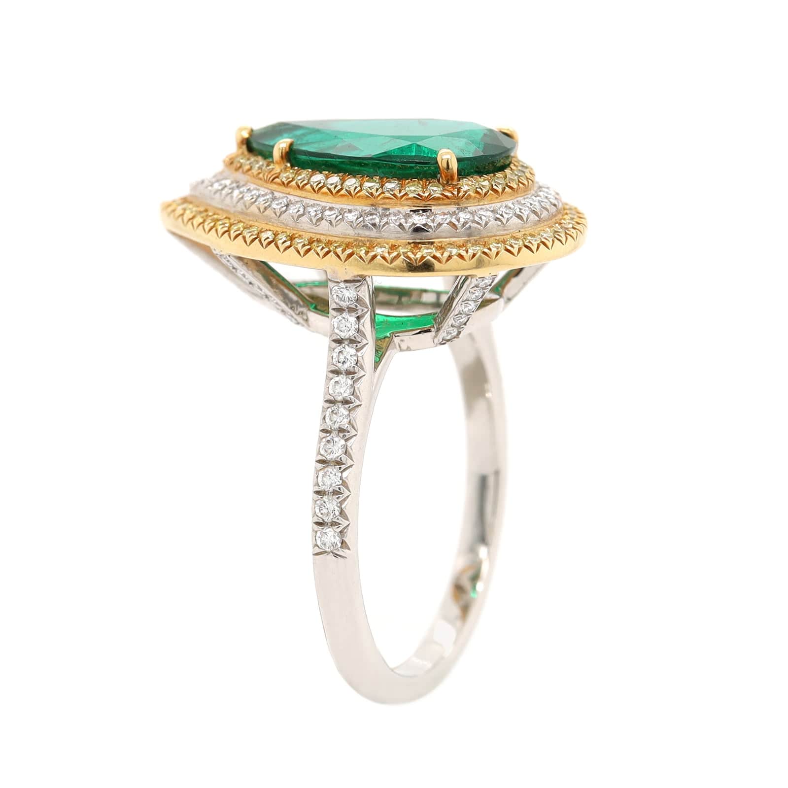 Platinum and 18K Yellow Gold Pear Shaped Emerald and Diamond Halo Ring - Image 2