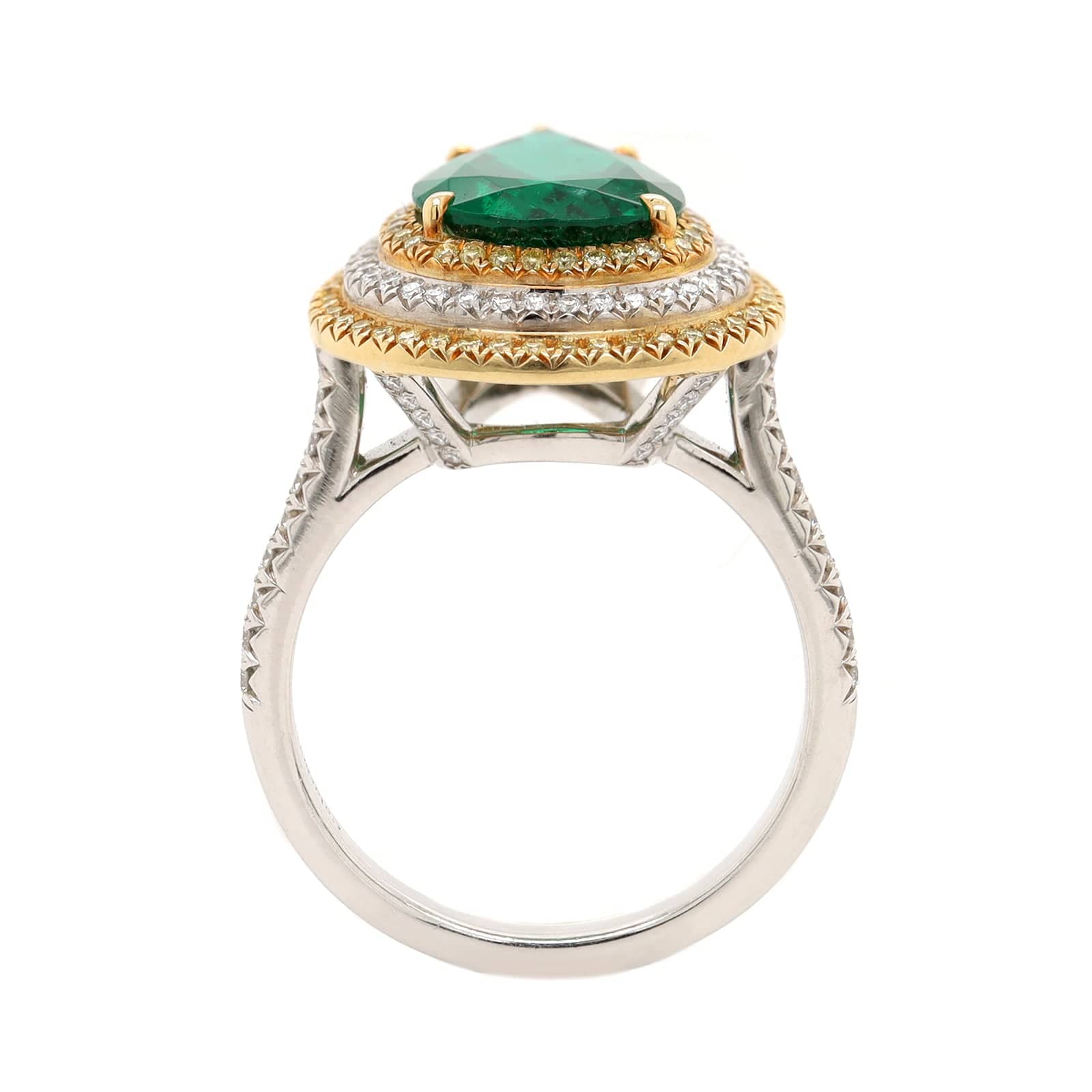Platinum and 18K Yellow Gold Pear Shaped Emerald and Diamond Halo Ring - Image 3