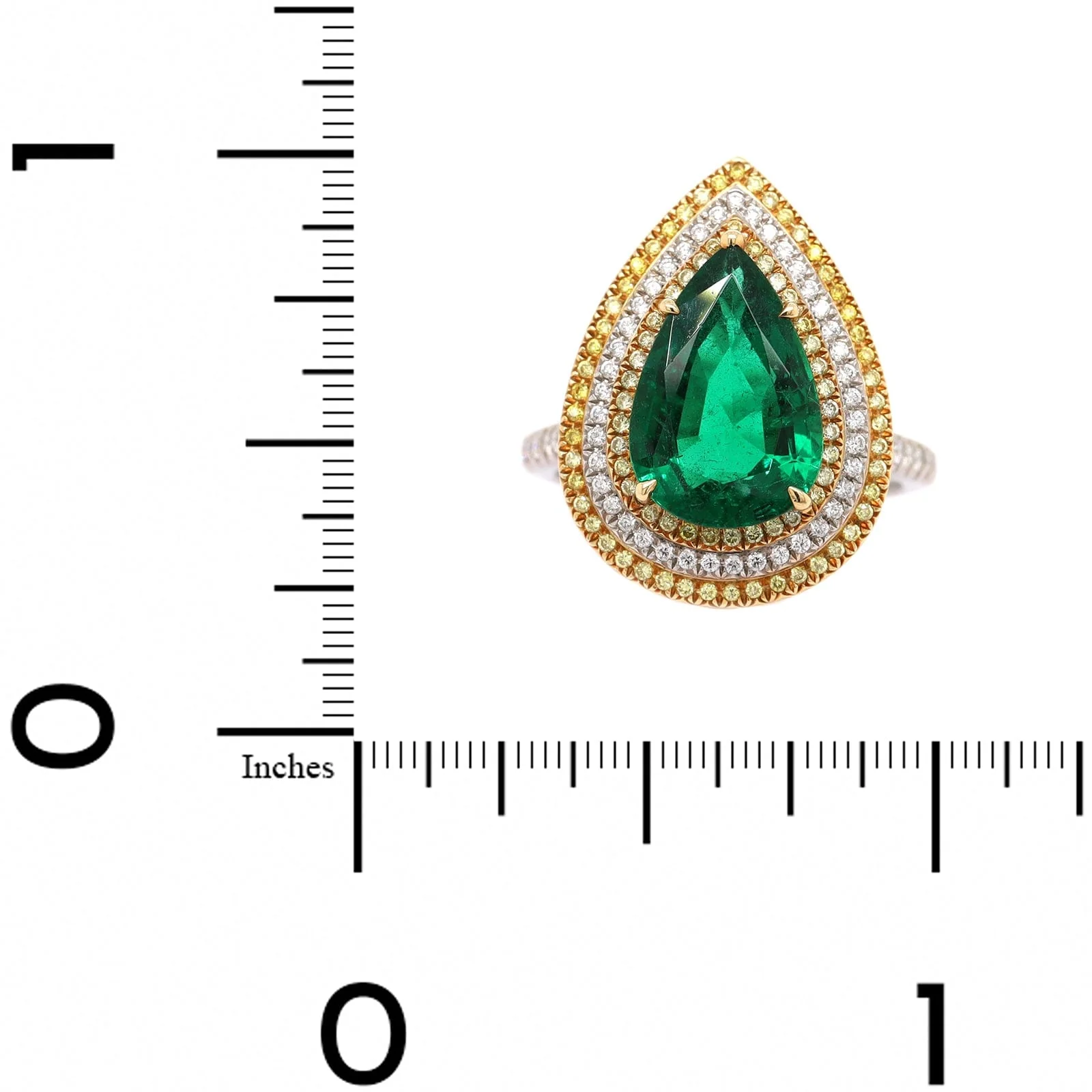 Platinum and 18K Yellow Gold Pear Shaped Emerald and Diamond Halo Ring - Image 4
