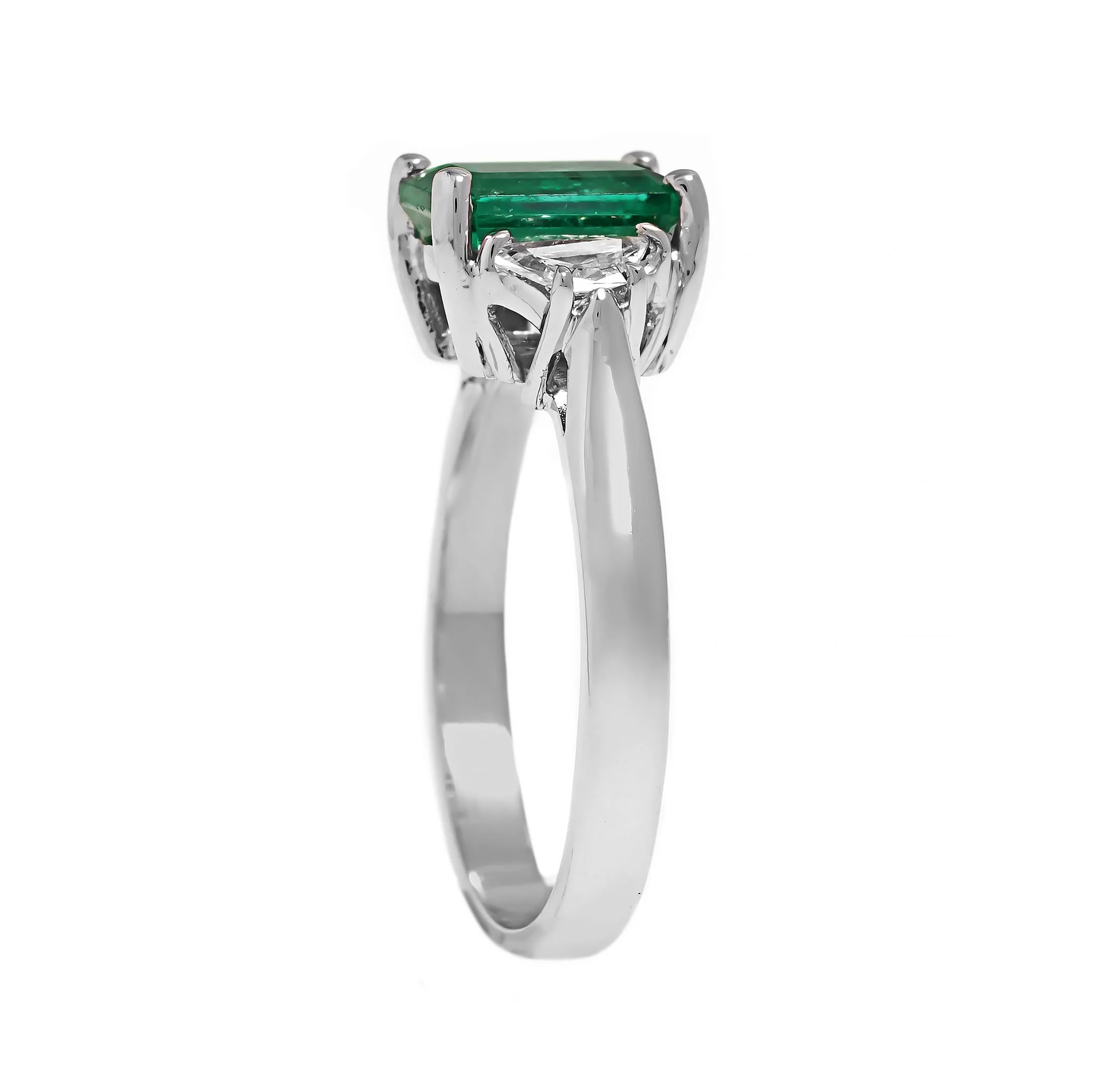 Platinum 3 Stone Emerald and Cadillac Diamond Halo Ring - Image 2