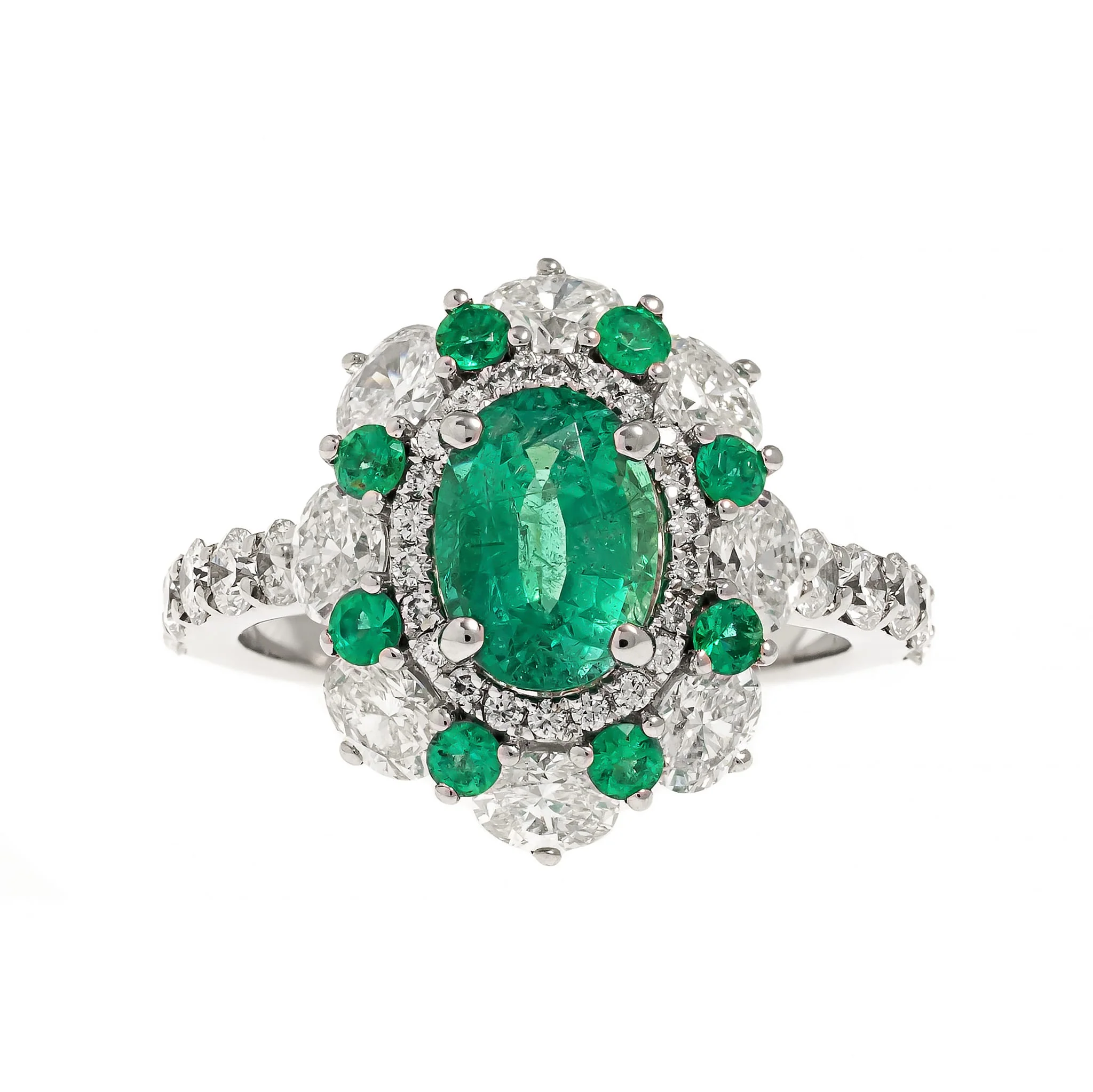 18K White Gold Oval Emerald and Diamond Halo Ring