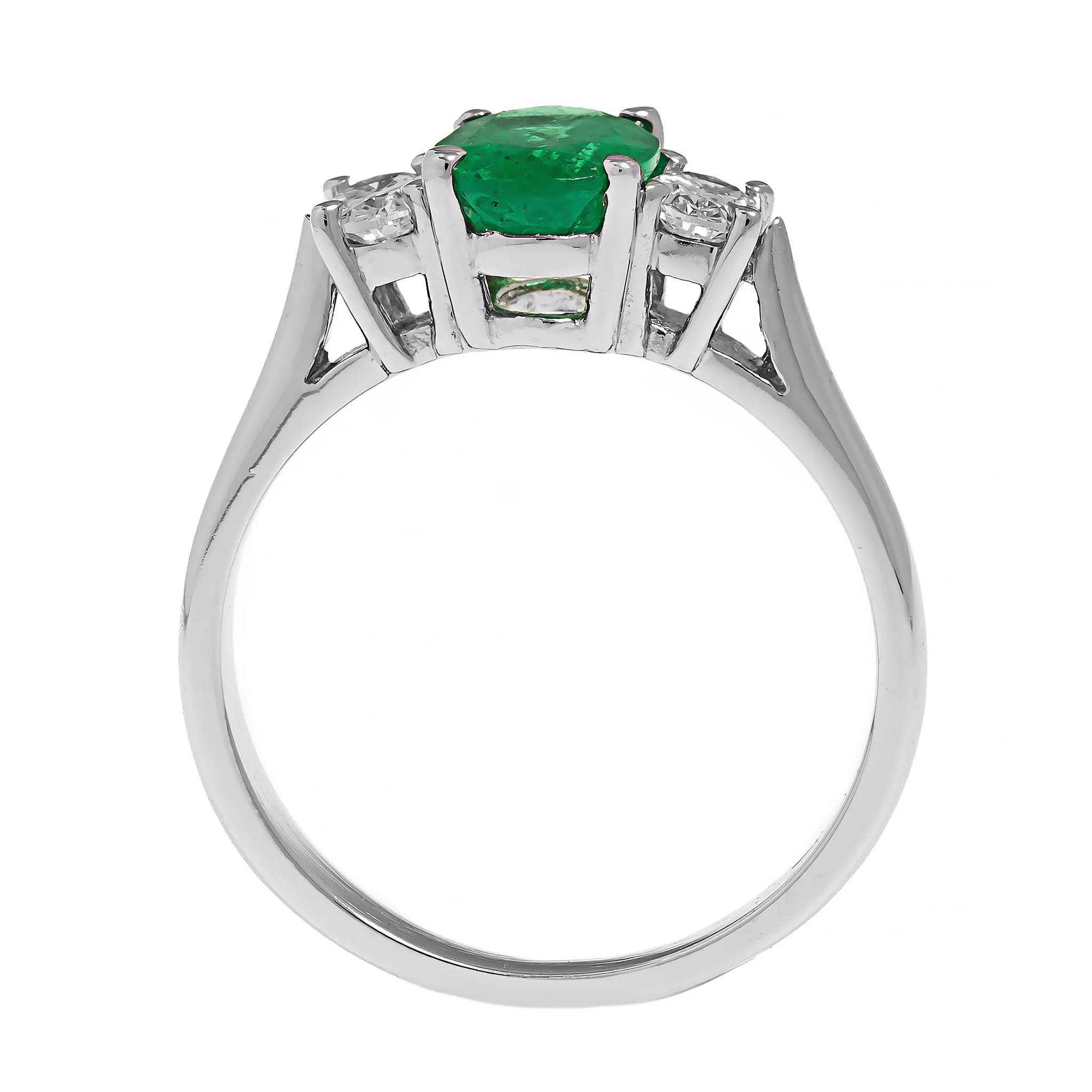 Platinum 3 Stone Oval Emerald and Diamond Halo Ring - Image 3