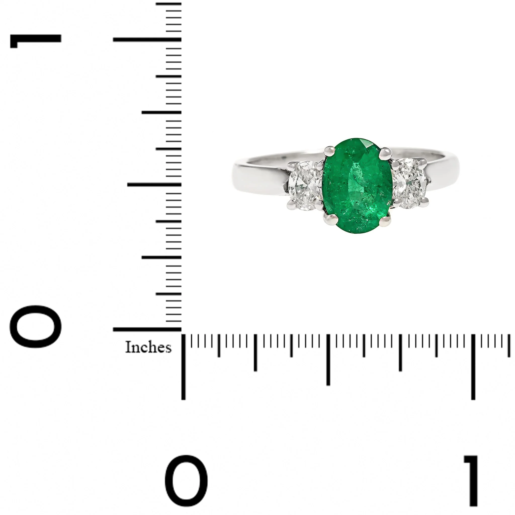 Platinum 3 Stone Oval Emerald and Diamond Halo Ring - Image 4