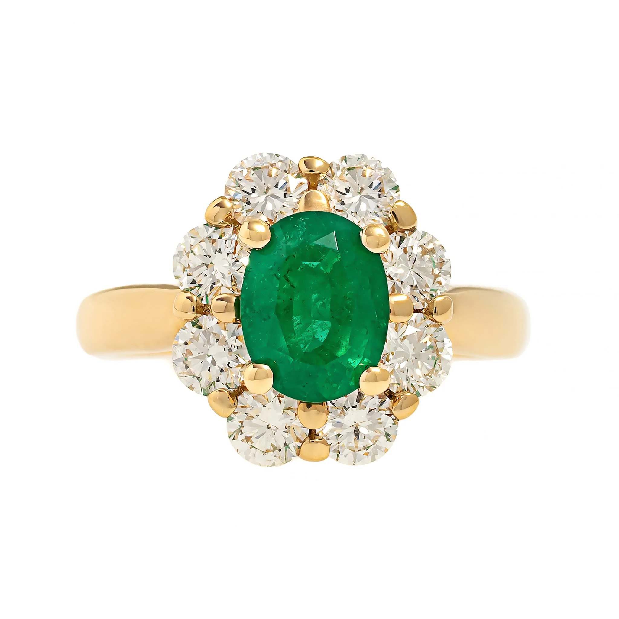 18K Yellow Gold Oval Emerald and Diamond Halo Ring