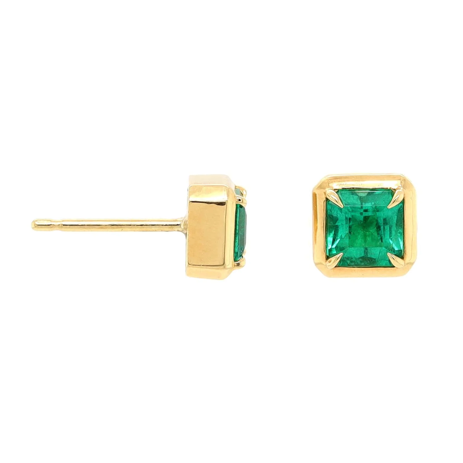 18K Yellow Gold Bezel Set Square Emerald Studs
