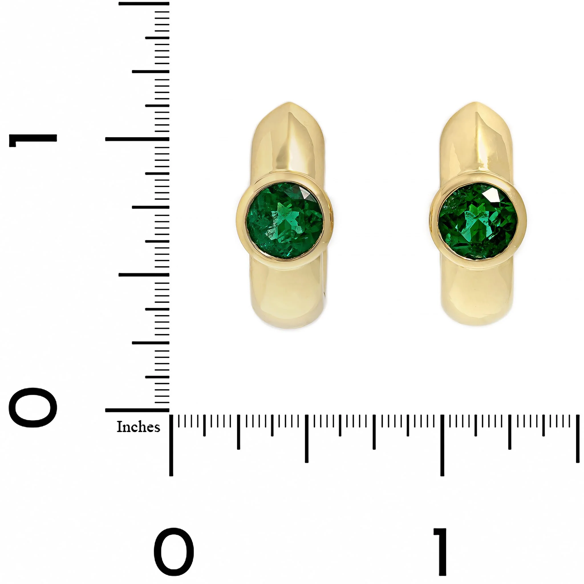18K Yellow Gold Bezel Set Round Emerald Huggie Earrings - Image 2