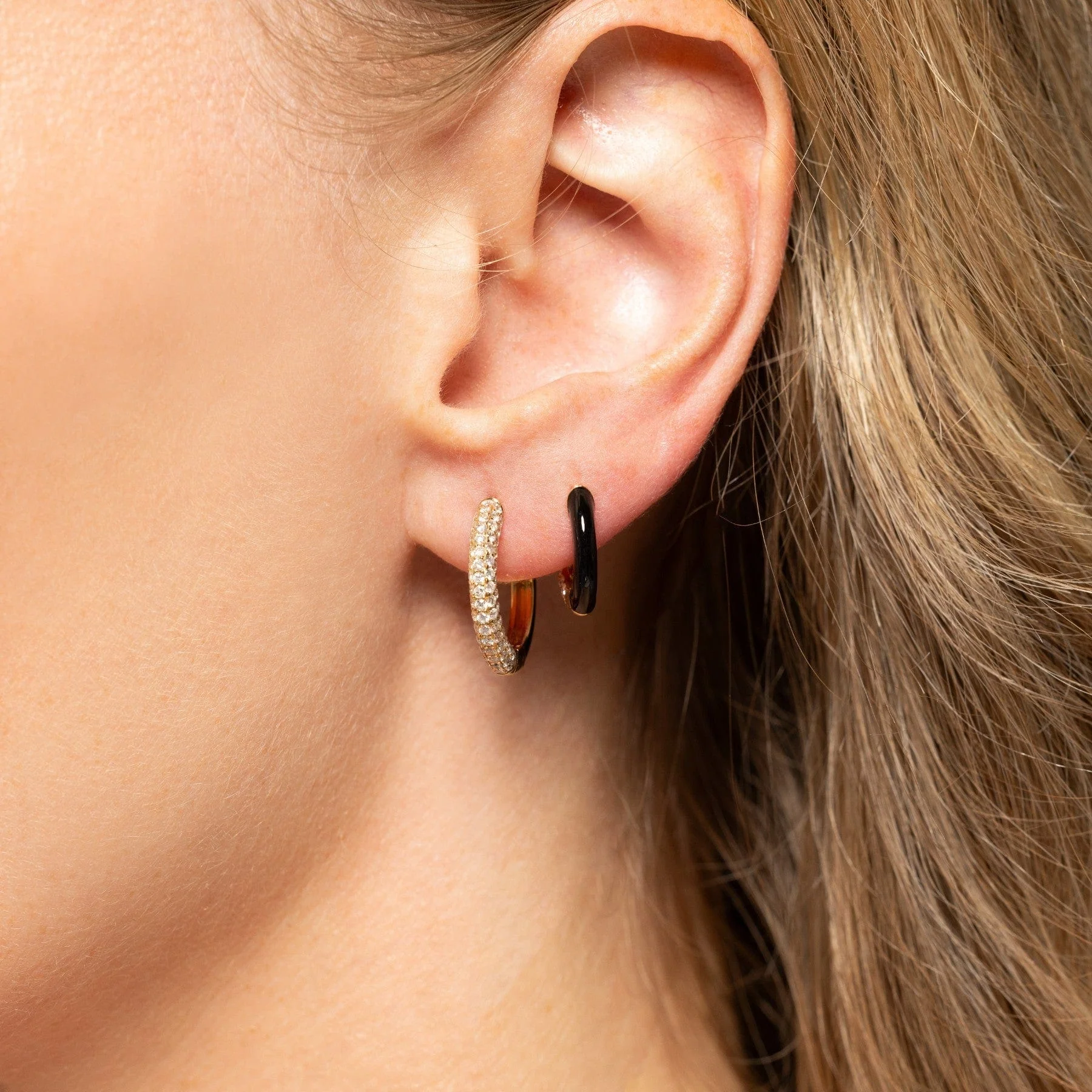 Emily P. Wheeler 18K Yellow Gold Baby Duo Black Enameled Diamond Hoop Earrings - Image 2