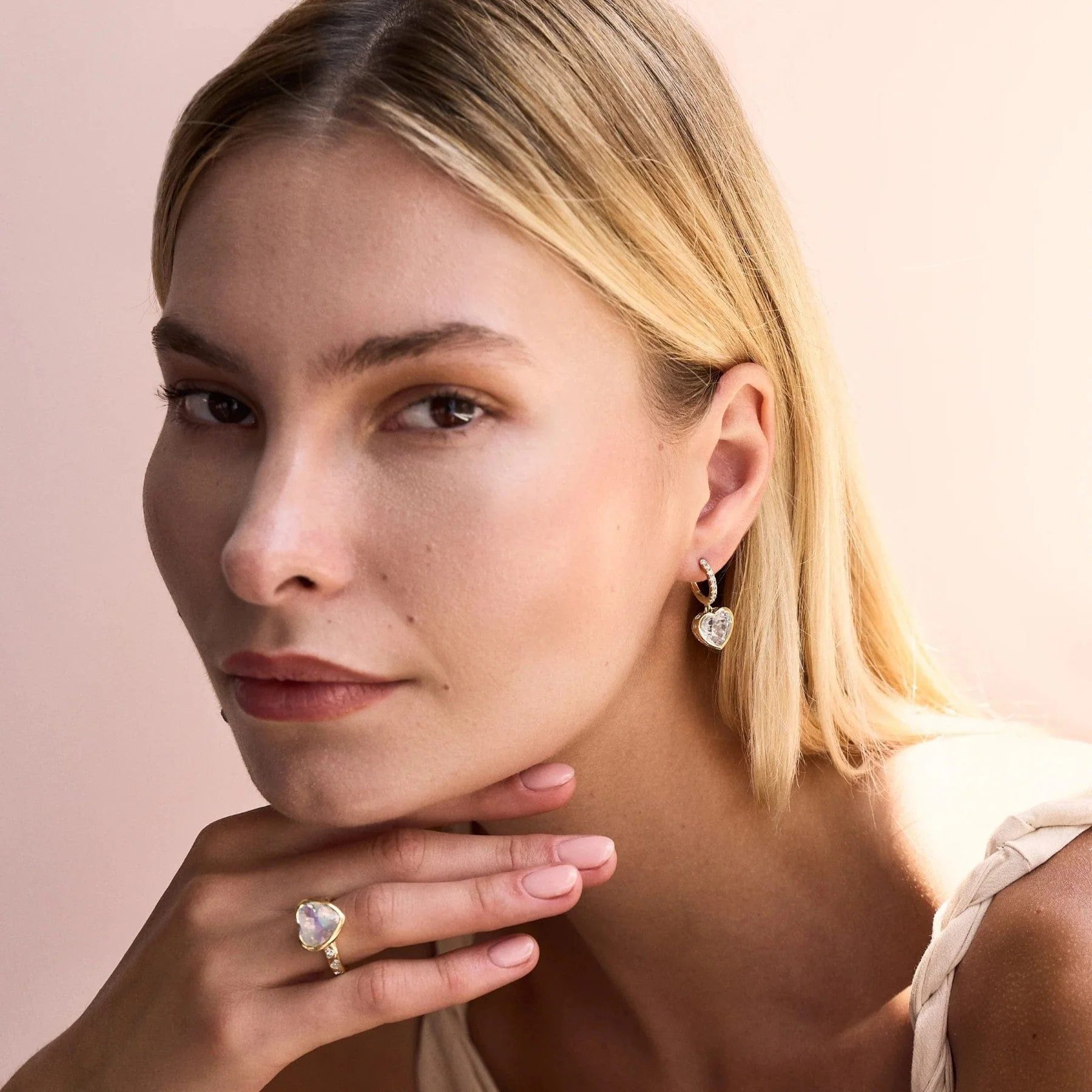 Emily P. Wheeler 18K Yellow Gold Diamond and Moonstone One of a Kind Heart Shaped Drop Earrings - Image 2