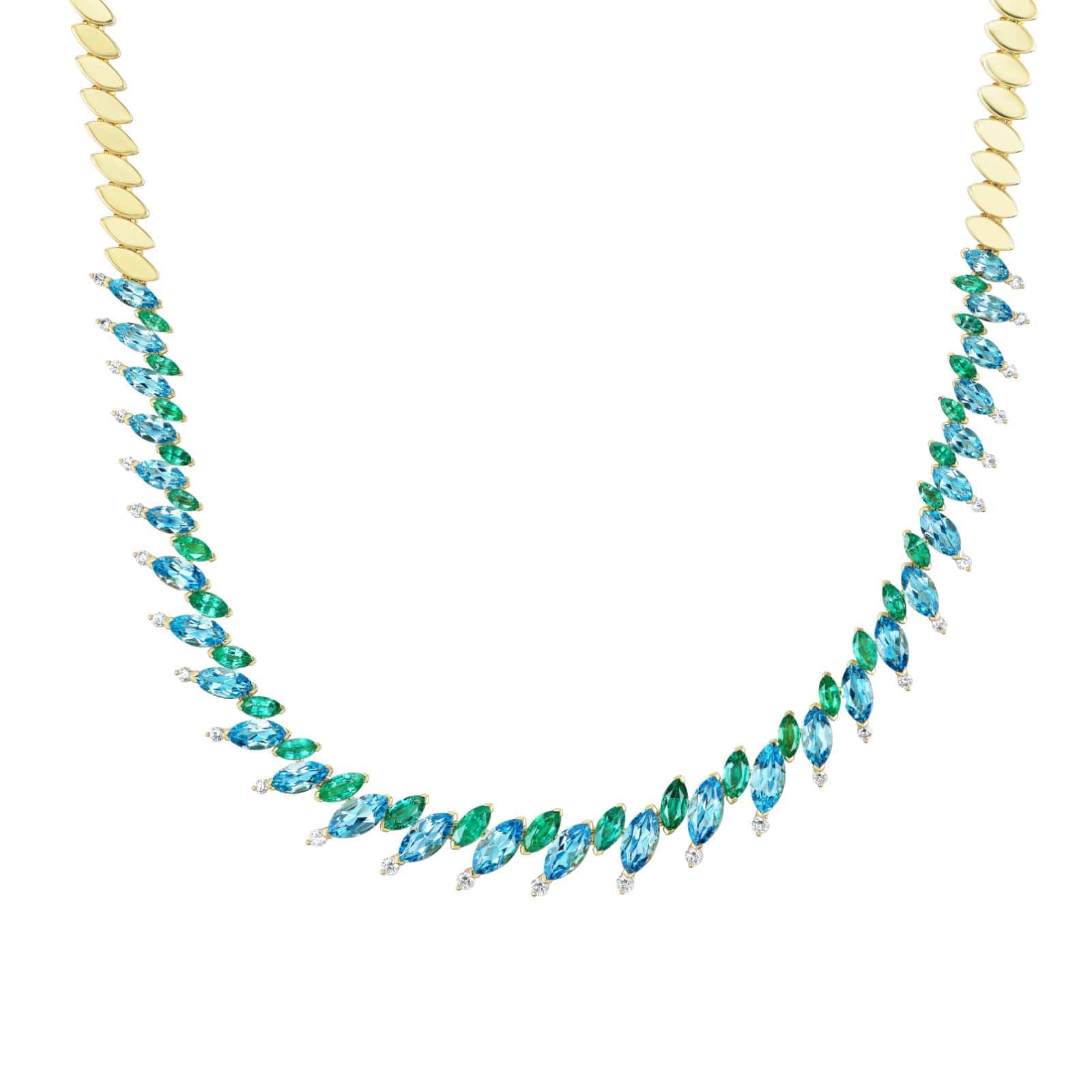 Emily P. Wheeler 18K Yellow Gold Emerald, Blue Topaz, and Diamond Pollack Tennis Necklace