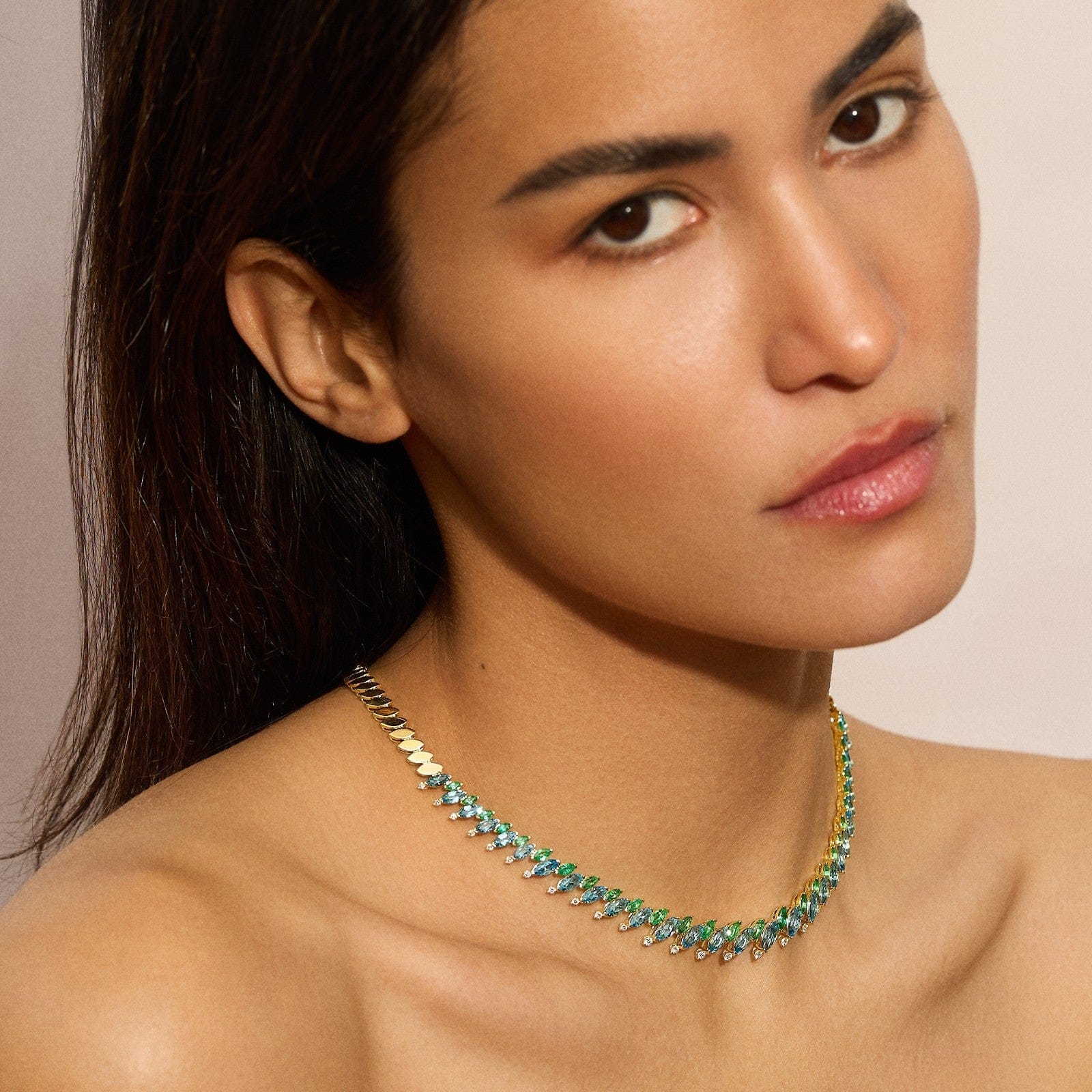 Emily P. Wheeler 18K Yellow Gold Emerald, Blue Topaz, and Diamond Pollack Tennis Necklace - Image 2