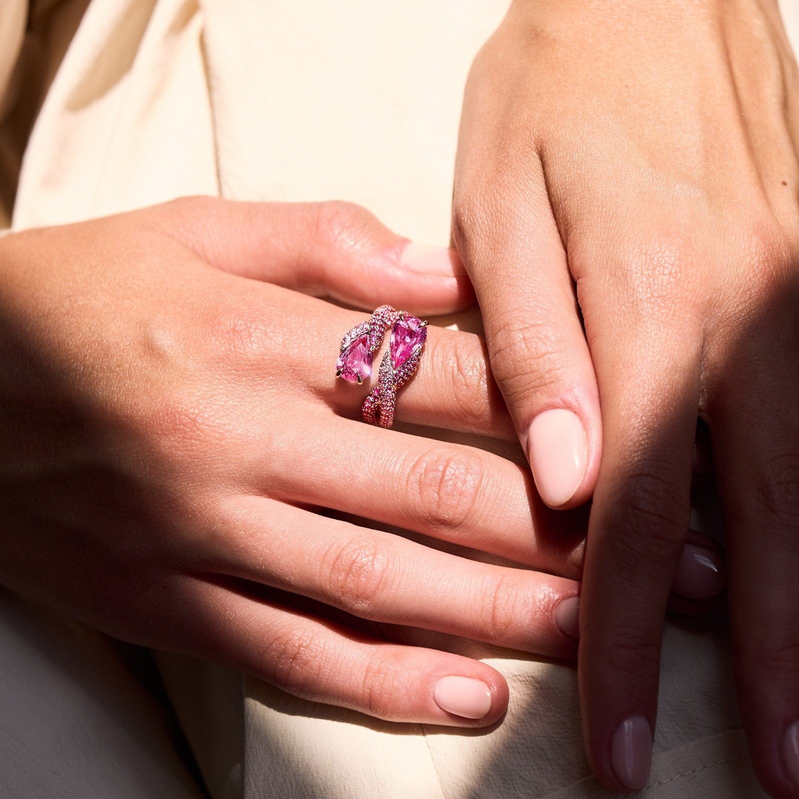 Emily P. Wheeler 18K Yellow Gold One Of A Kind Pink Sapphire Toi Et Moi Bypass Ring - Image 2