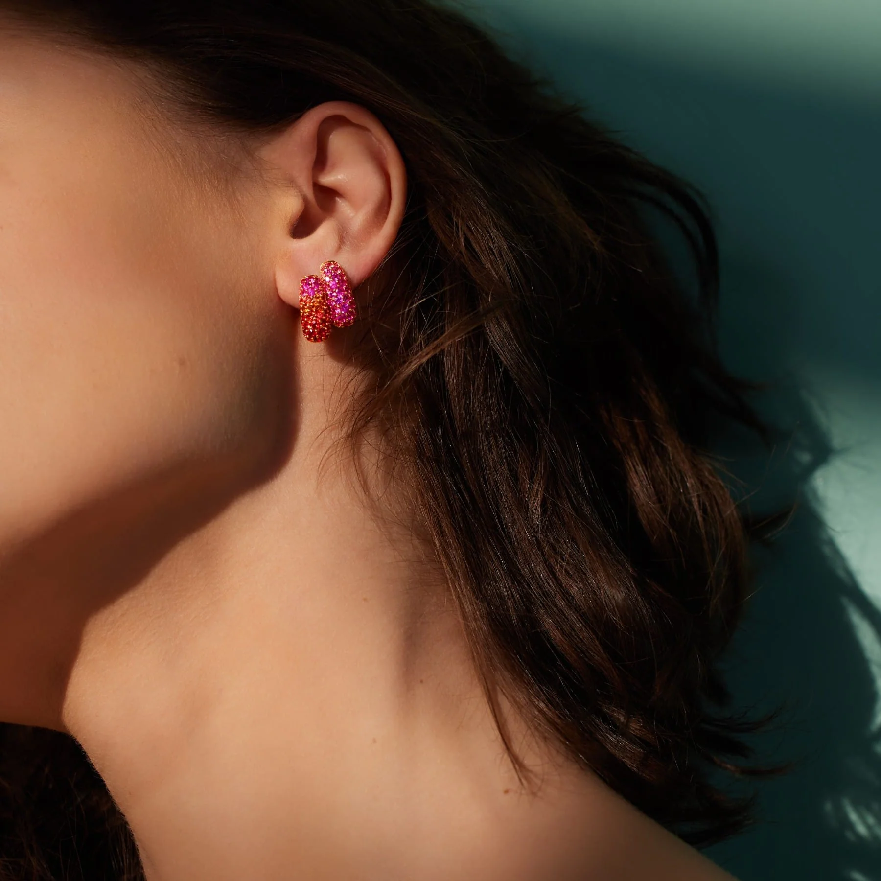 Emily P. Wheeler 18K Yellow Gold Pink Sapphire Holly Huggie Earrings - Image 2