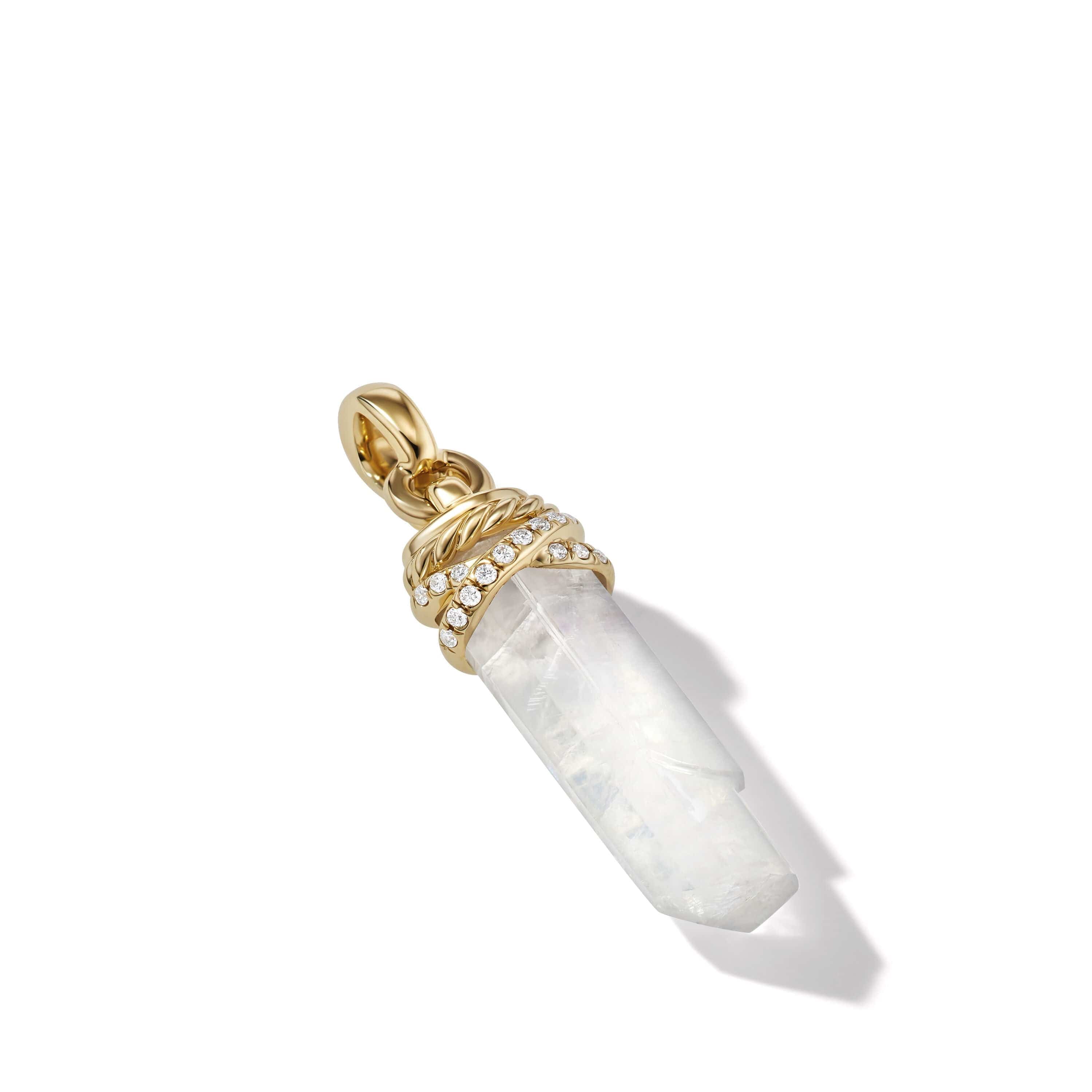 Wrapped Rainbow Moonstone Crystal Amulet with 18K Yellow Gold and Pavé Diamonds - Image 2