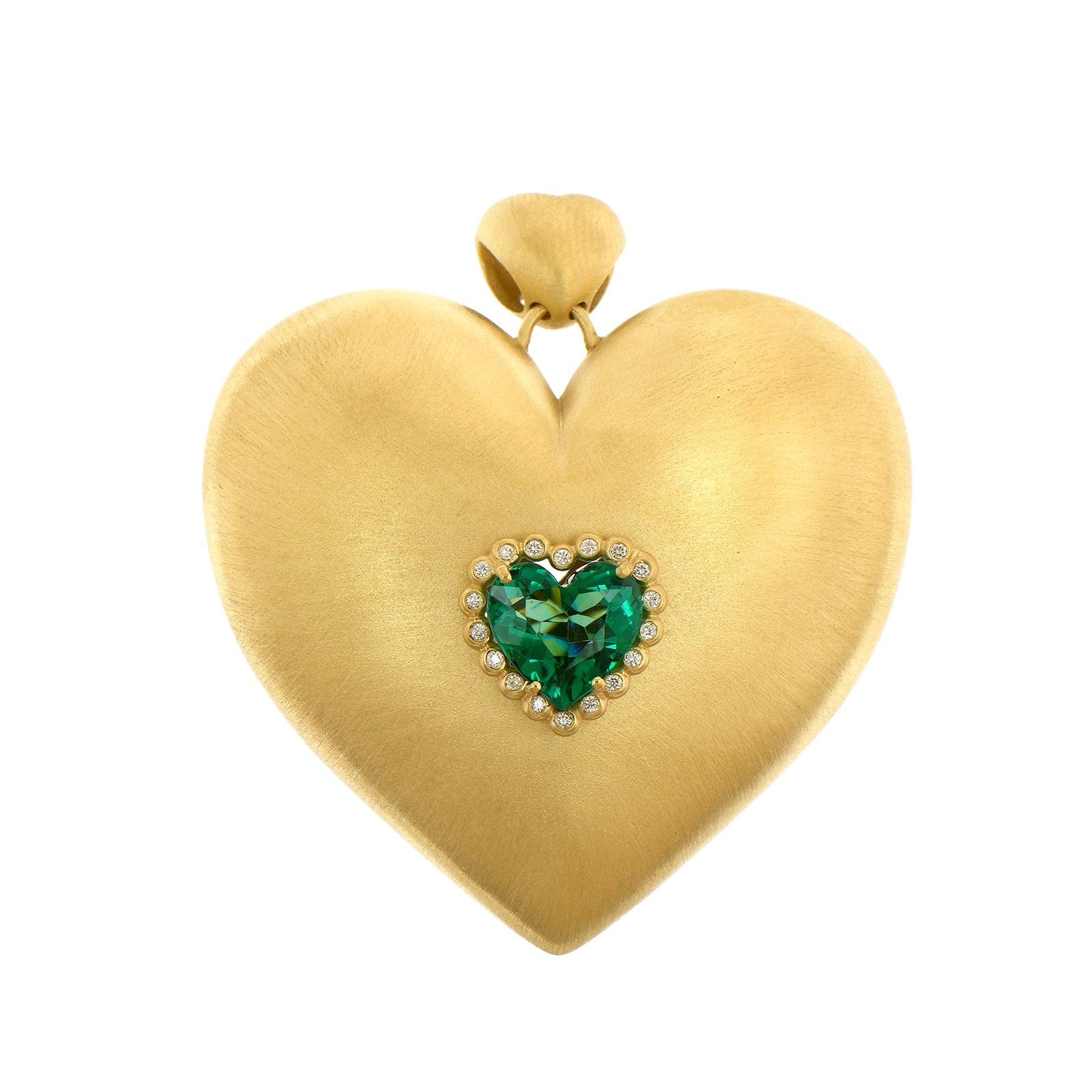 Suzy Landa 18K Yellow Gold Green Tourmaline and Diamond Puffy Heart Pendant - Image 4