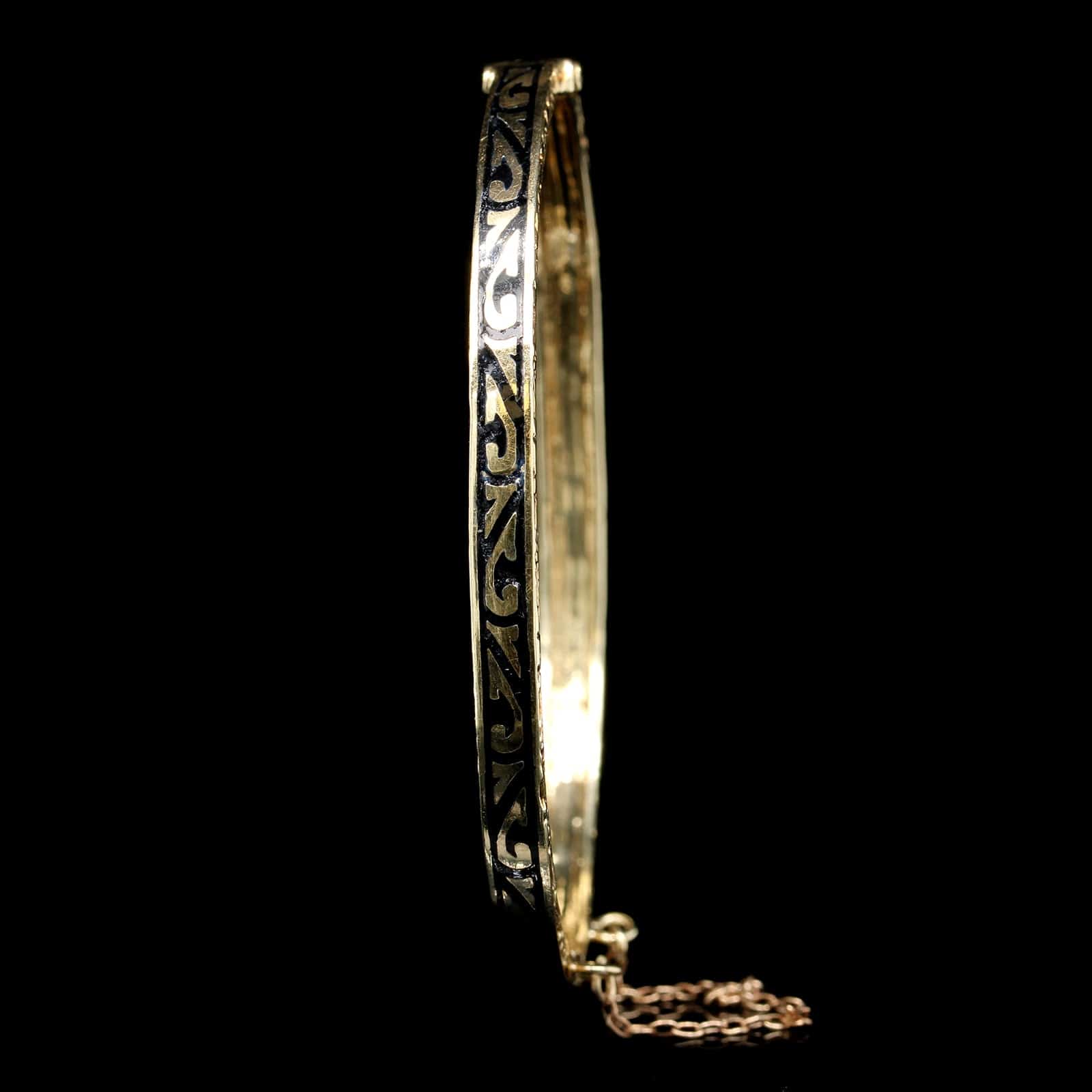 14K Yellow Gold Estate Black Enamel Hinged Bangle Bracelet - Image 2