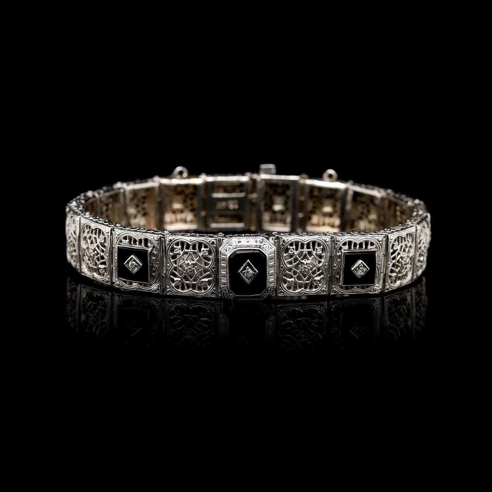 Vintage 14K White Gold Estate Filigree Onyx and Diamond Bracelet