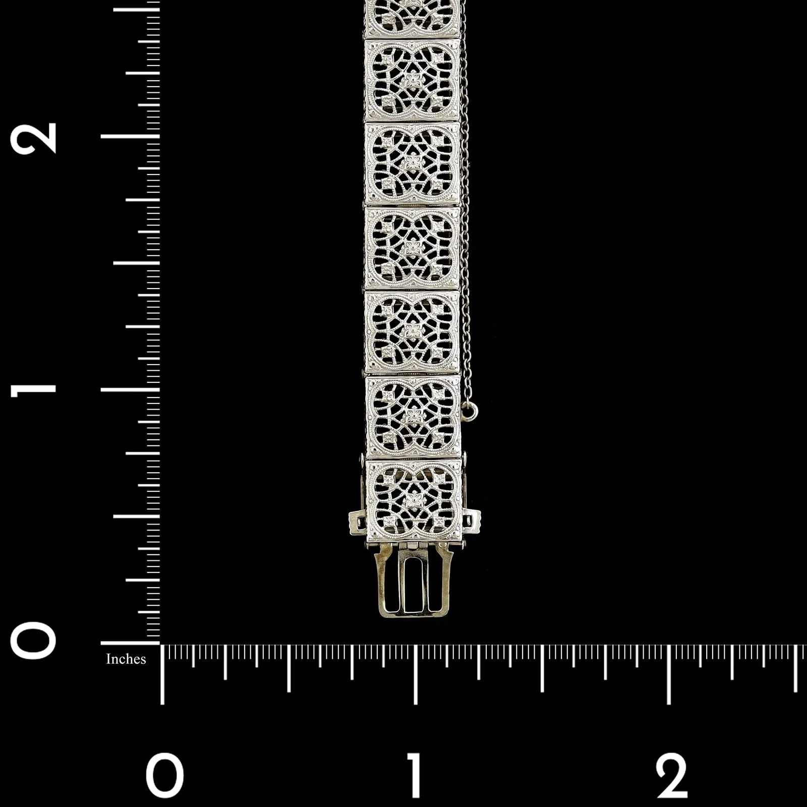 Vintage 14K White Gold Estate Filigree Onyx and Diamond Bracelet - Image 3