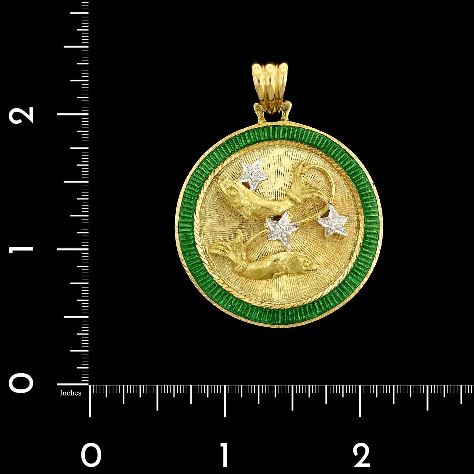 18K Yellow Gold Estate Diamond and Enamel Pisces Zodiac Pendant - Image 3