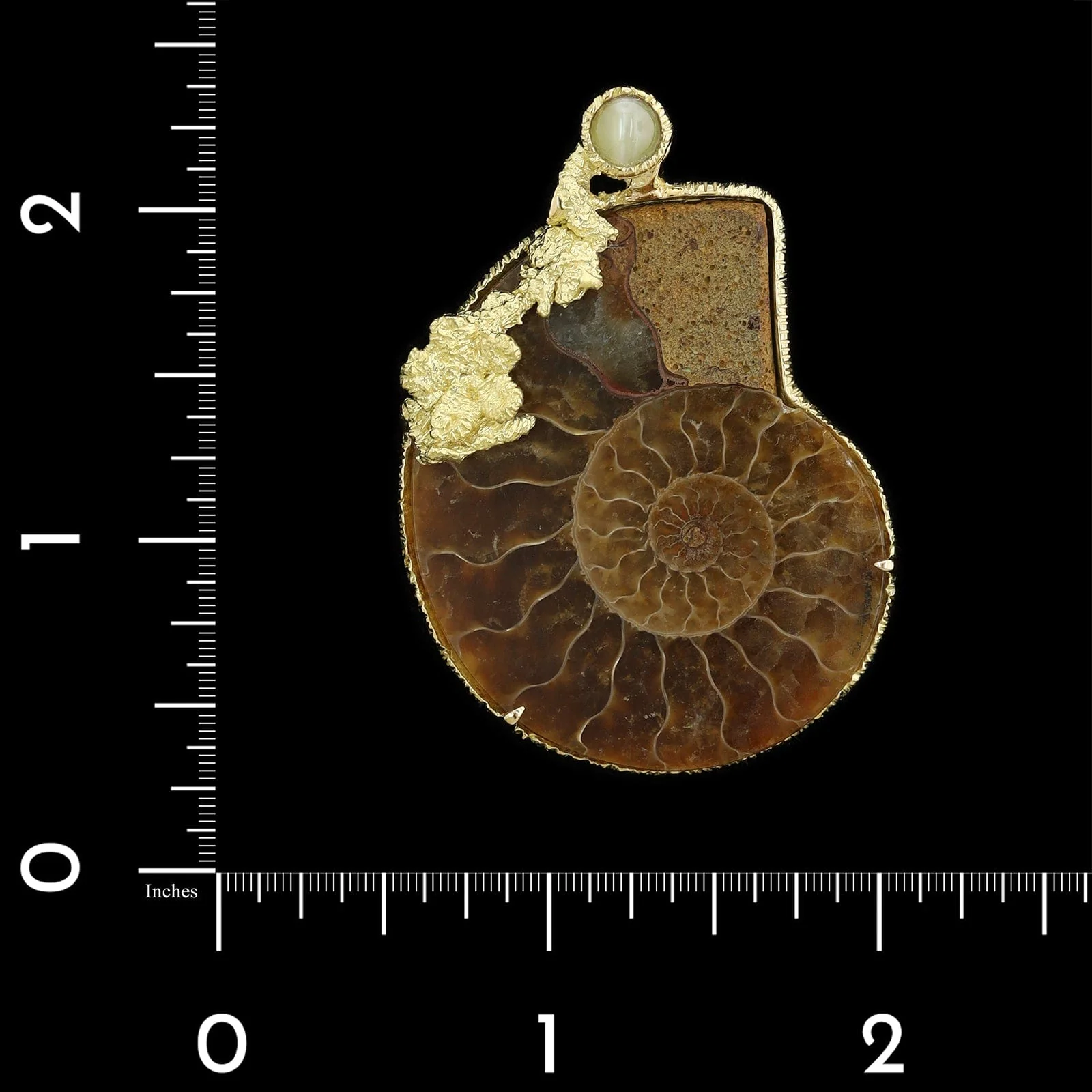 18K Yellow Gold Estate Ammonite Fossil and Cat's Eye Chrysoberyl Pendant - Image 3