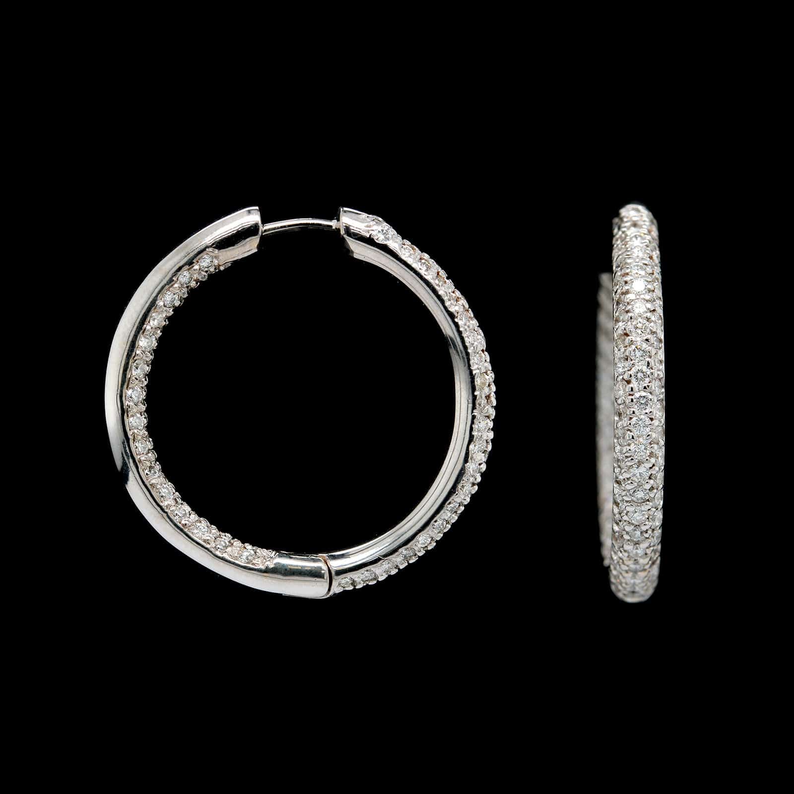 18K White Gold Estate Diamond in and Out Hoop Earrings