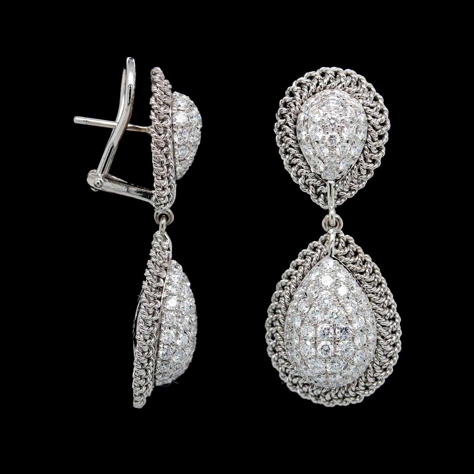 18K White Gold Estate&nbsp; Diamond Pave Drop Earrings